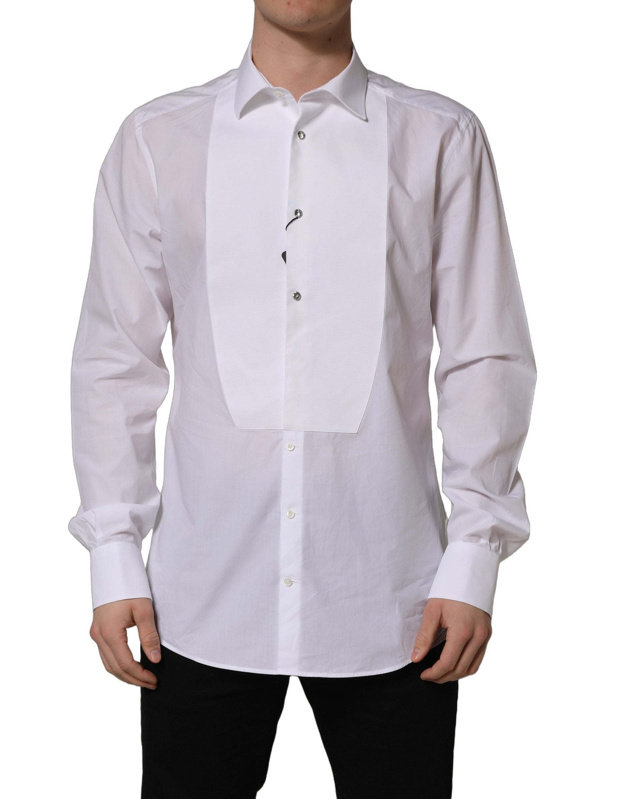 Chemise formelle blanche Dolce & Gabbana en coton popeline, robe élégante avec col classique et boutons apparents.