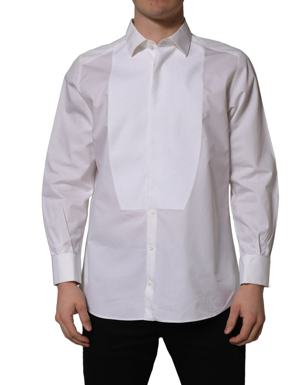 Chemise formelle Dolce & Gabbana en coton popeline blanche, robe bib élégante pour homme ou femme, détail de la chemise.