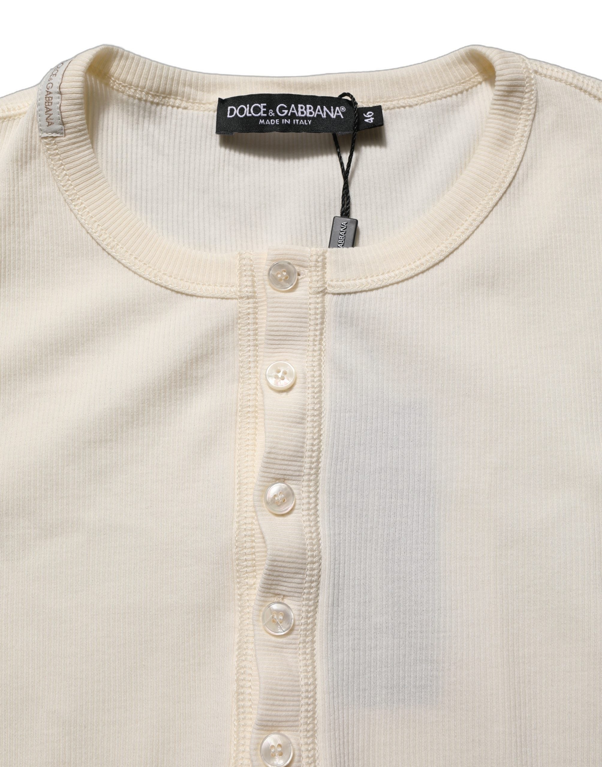Pull à manches longues blanc Dolce & Gabbana, pull-over henley en laine avec col boutonné, élégant et décontracté.