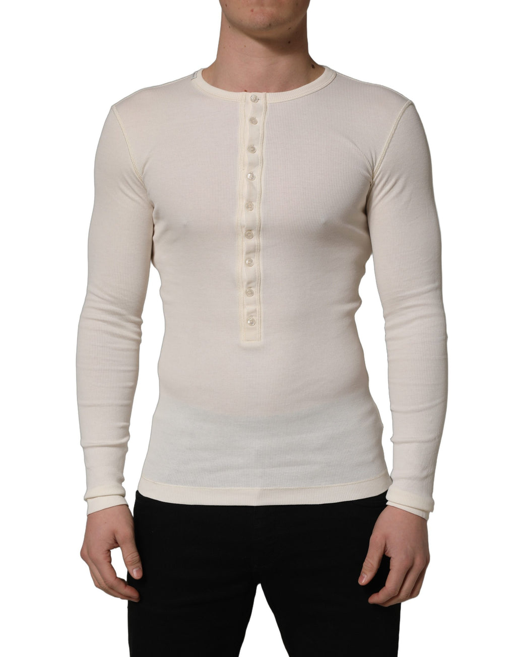 Pull à manches longues blanc Dolce & Gabbana, pull-over Henley en laine élégante, détail de col boutonné.