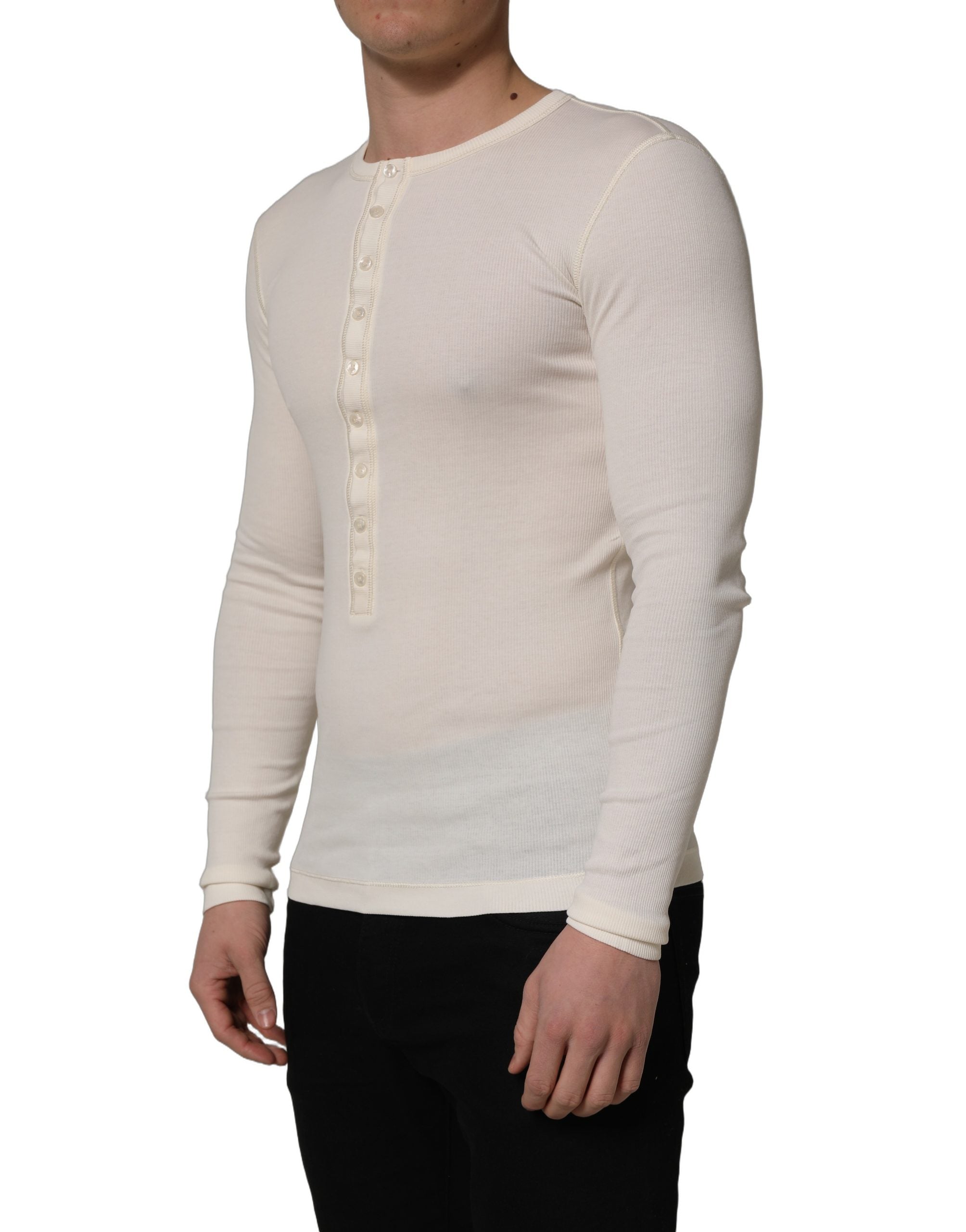 Pull à manches longues blanc Dolce & Gabbana, pull-over en laine avec col henley, style élégant et confortable.