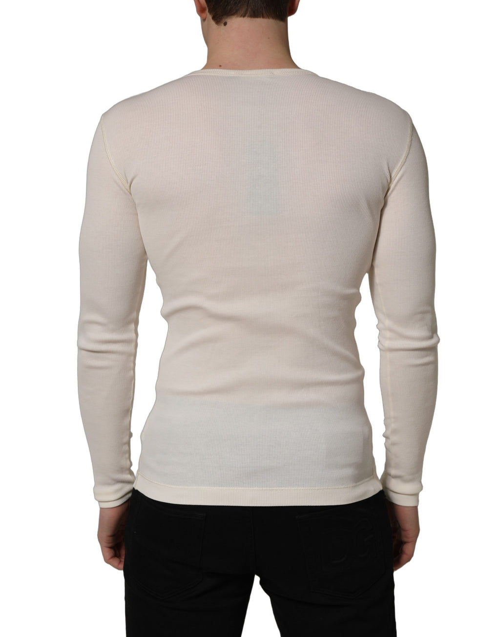 Pull à manches longues blanc Dolce & Gabbana, pull-over en laine avec col Henley, style élégant et décontracté.
