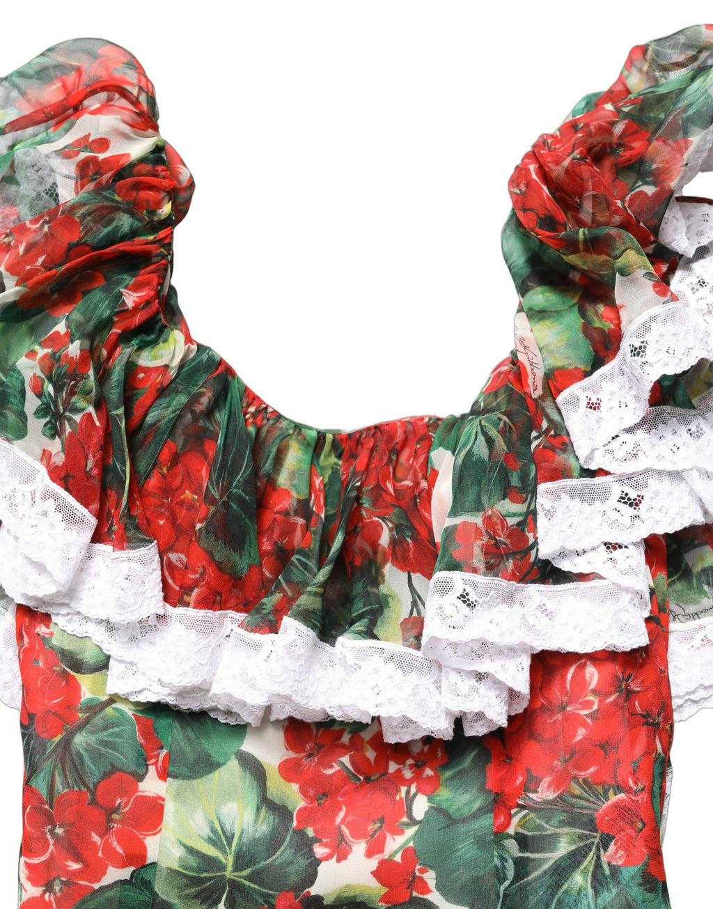 Robe longue à fleurs multicolores en dentelle Dolce & Gabbana, style maxi avec motif de geraniums, élégante et sophistiquée.