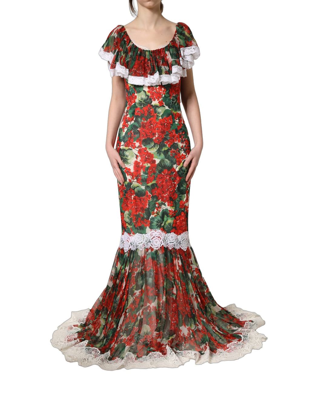 Robe longue en dentelle à fleurs multicolores Dolce & Gabbana avec motif de geranium, style élégant et sophistiqué.
