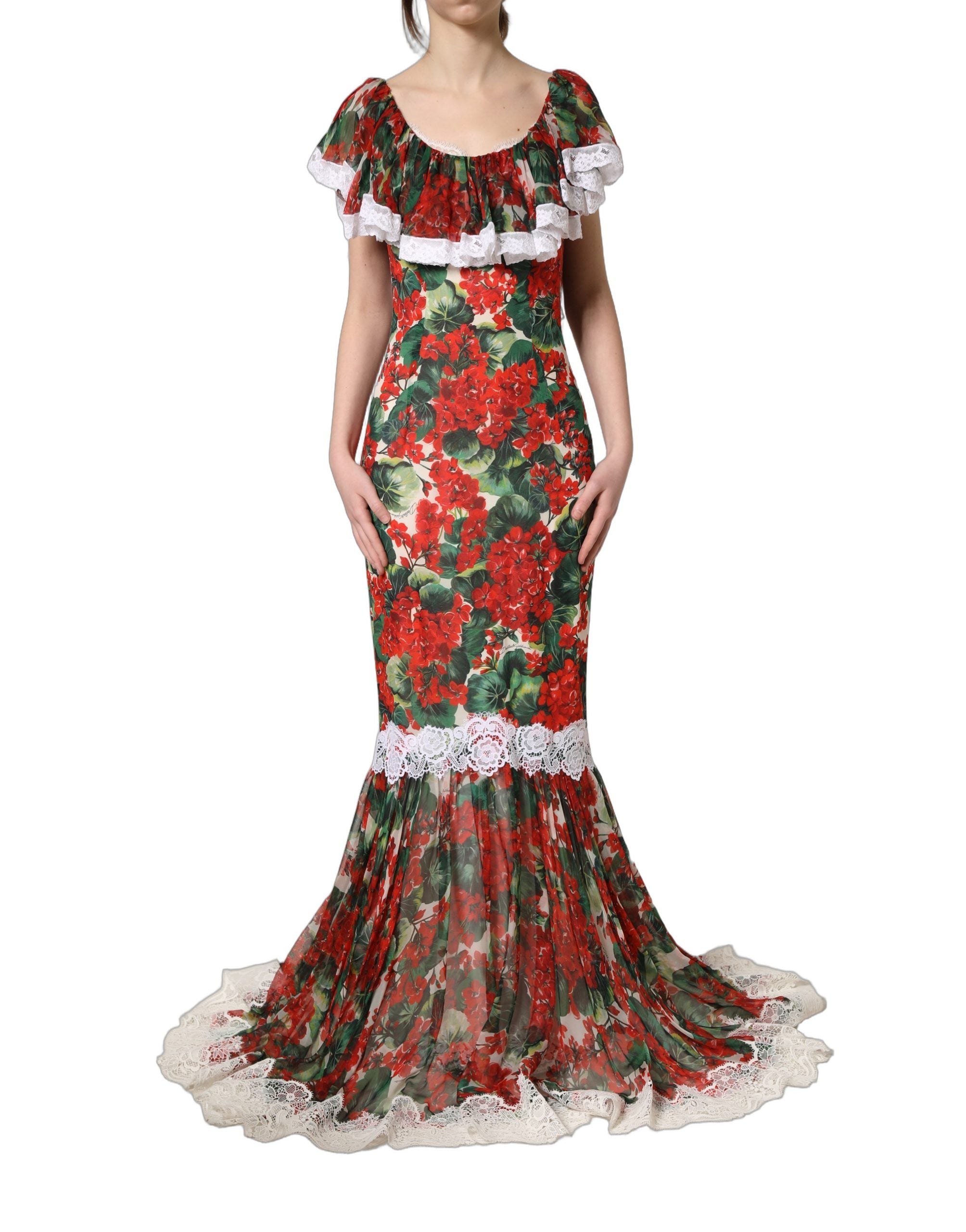 Robe longue en dentelle à fleurs multicolores Dolce & Gabbana avec motif de geranium, style élégant et sophistiqué.