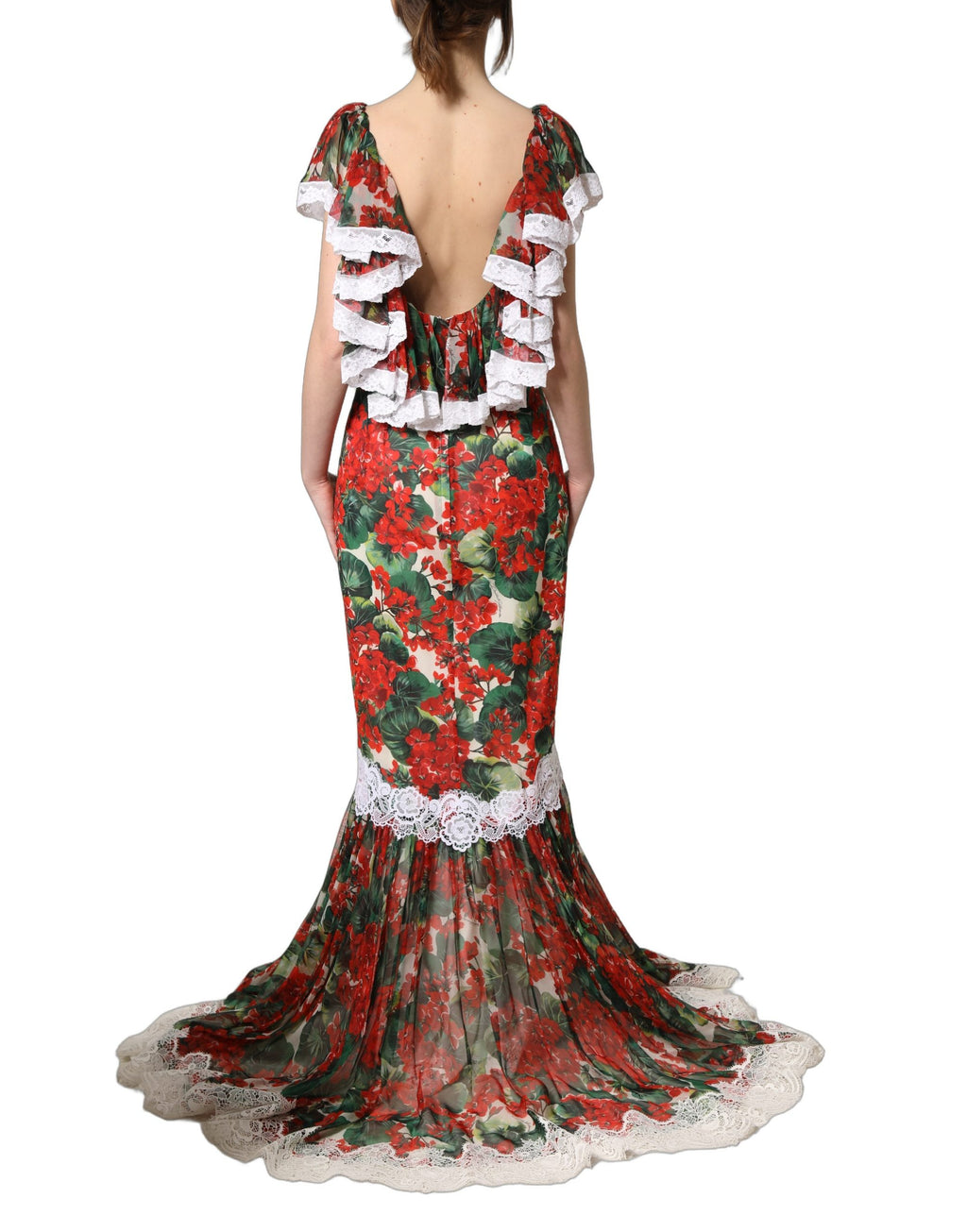 Robe longue en dentelle multicolore avec motifs de géranium, marque Dolce & Gabbana, élégante et florale.