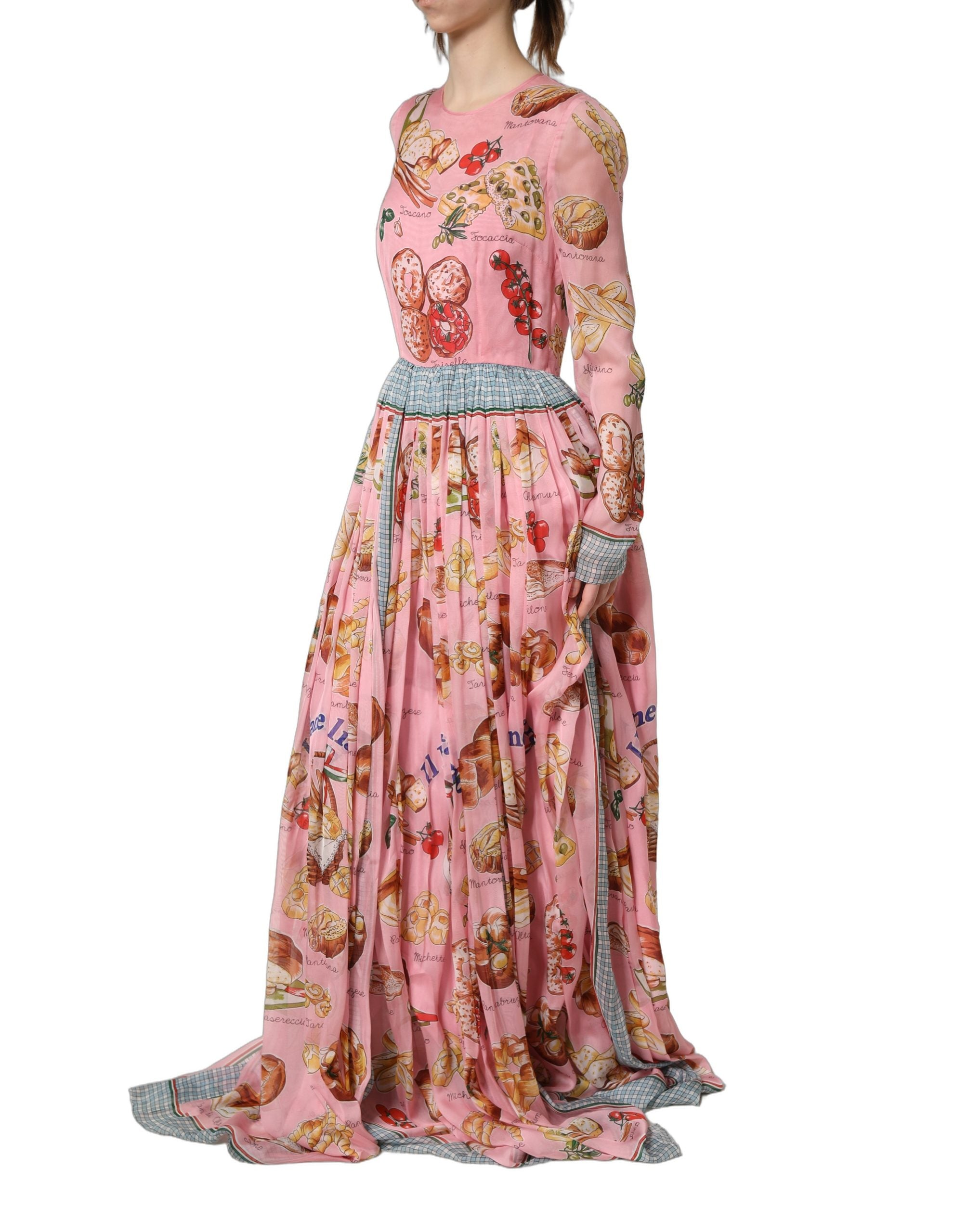 Robe longue plissée Dolce & Gabbana Light Pink avec motif pain, élégante et fluide, pour une silhouette sophistiquée.