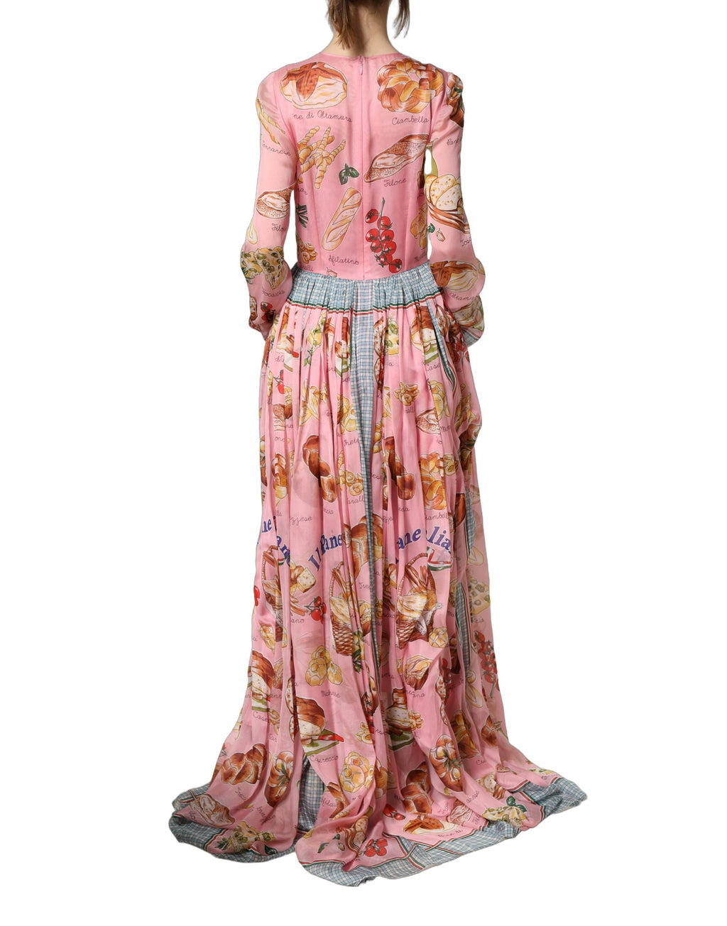 Robe longue plissée Dolce & Gabbana à imprimé pain rose clair, élégante et fluide, pour femmes.