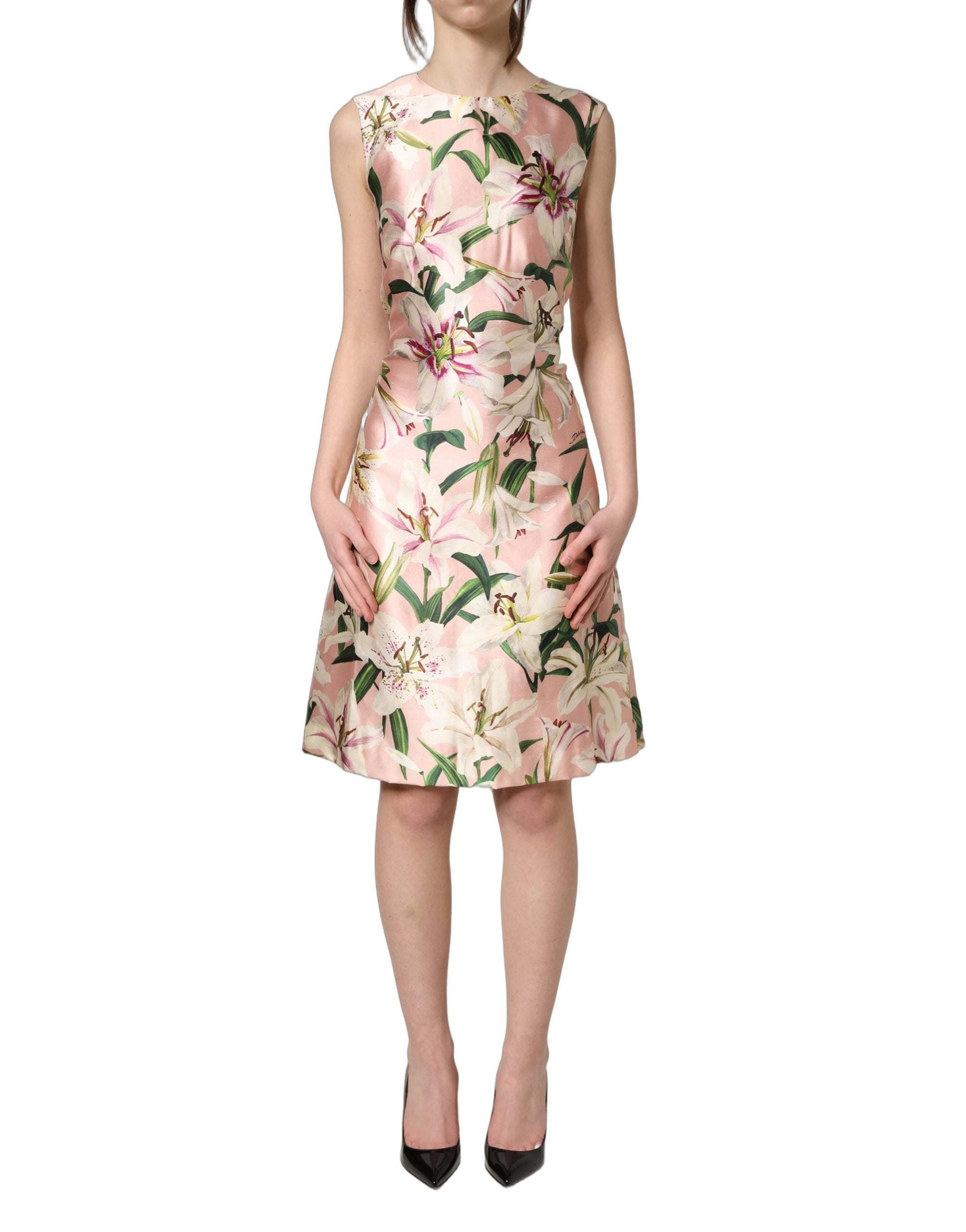 Robe sans manches Dolce & Gabbana Light Pink LilyPrint, coupe ajustée, avec imprimé floral rose clair.