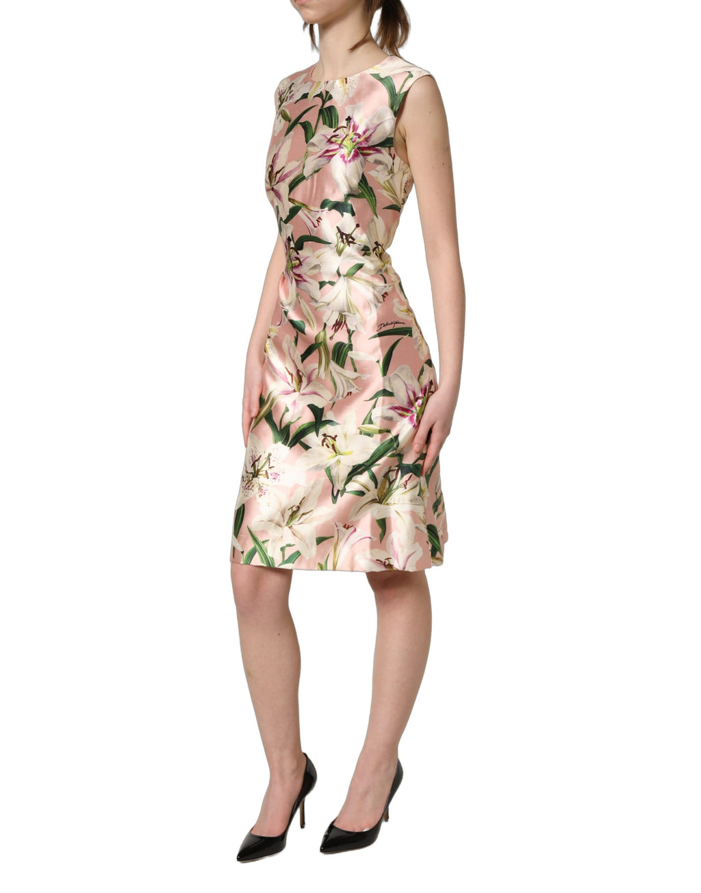 Robe sans manches LilyPrint rose clair de Dolce & Gabbana, coupe ajustée, tissu fluide et élégante pour une occasion spéciale.