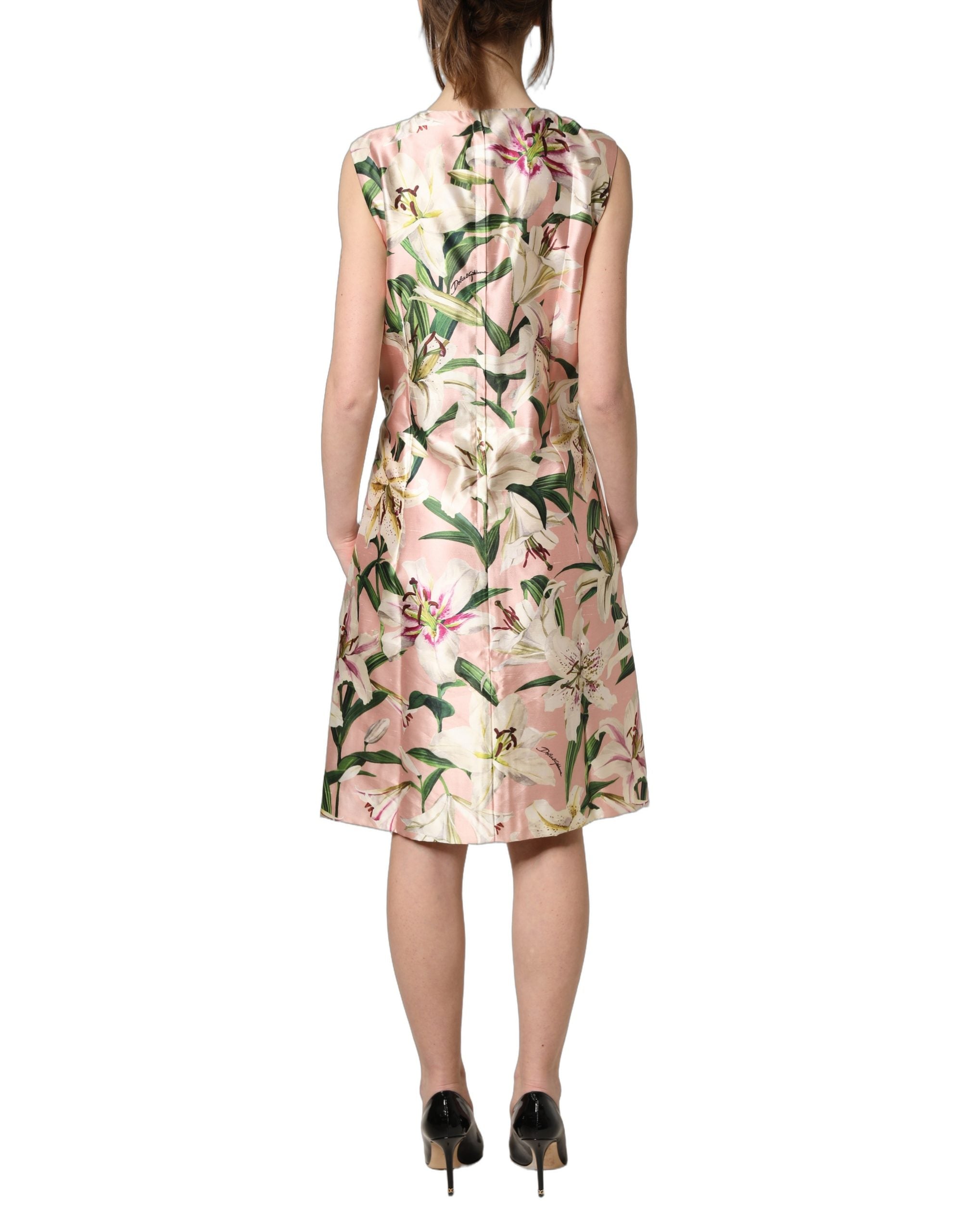 Robe sans manches Dolce & Gabbana Light Pink LilyPrint, coupe droite, tissu léger avec motif floral lily print.