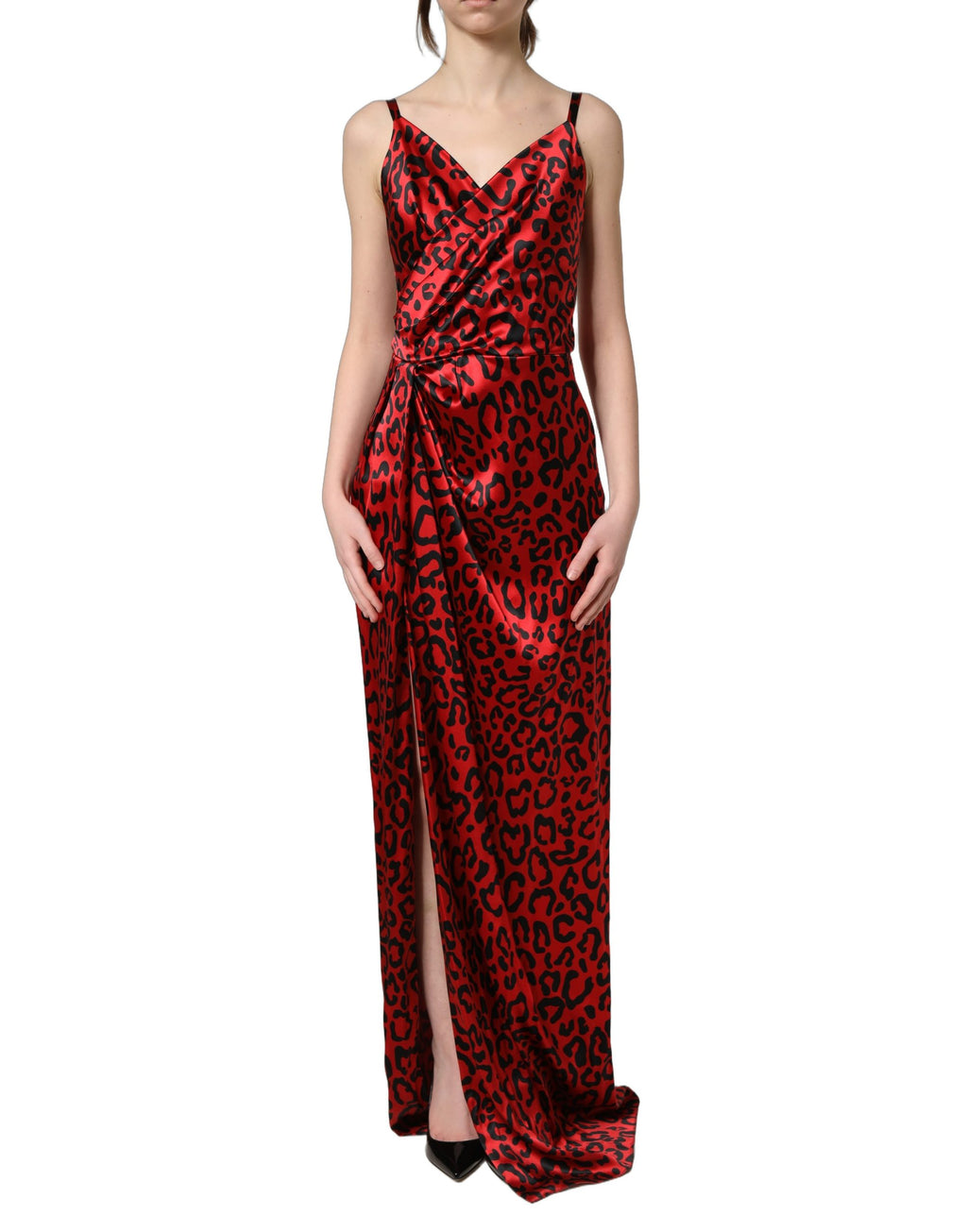 Robe longue sans manches Dolce & Gabbana à léopard rouge, drapée et élégante, pour une silhouette sophistiquée.