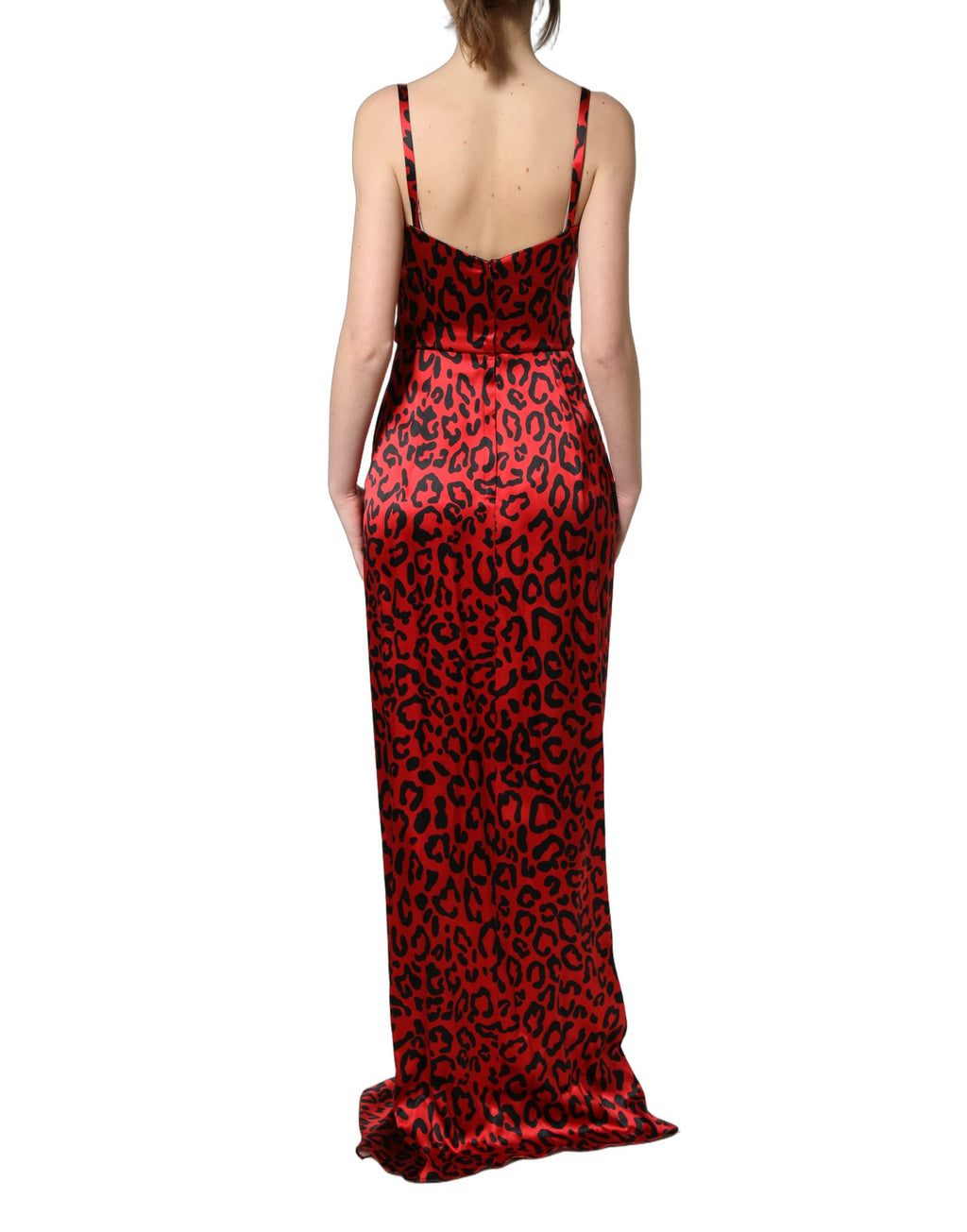Robe longue sans manches Dolce & Gabbana à imprimé léopard rouge et drapé, élégante et sophistiquée.