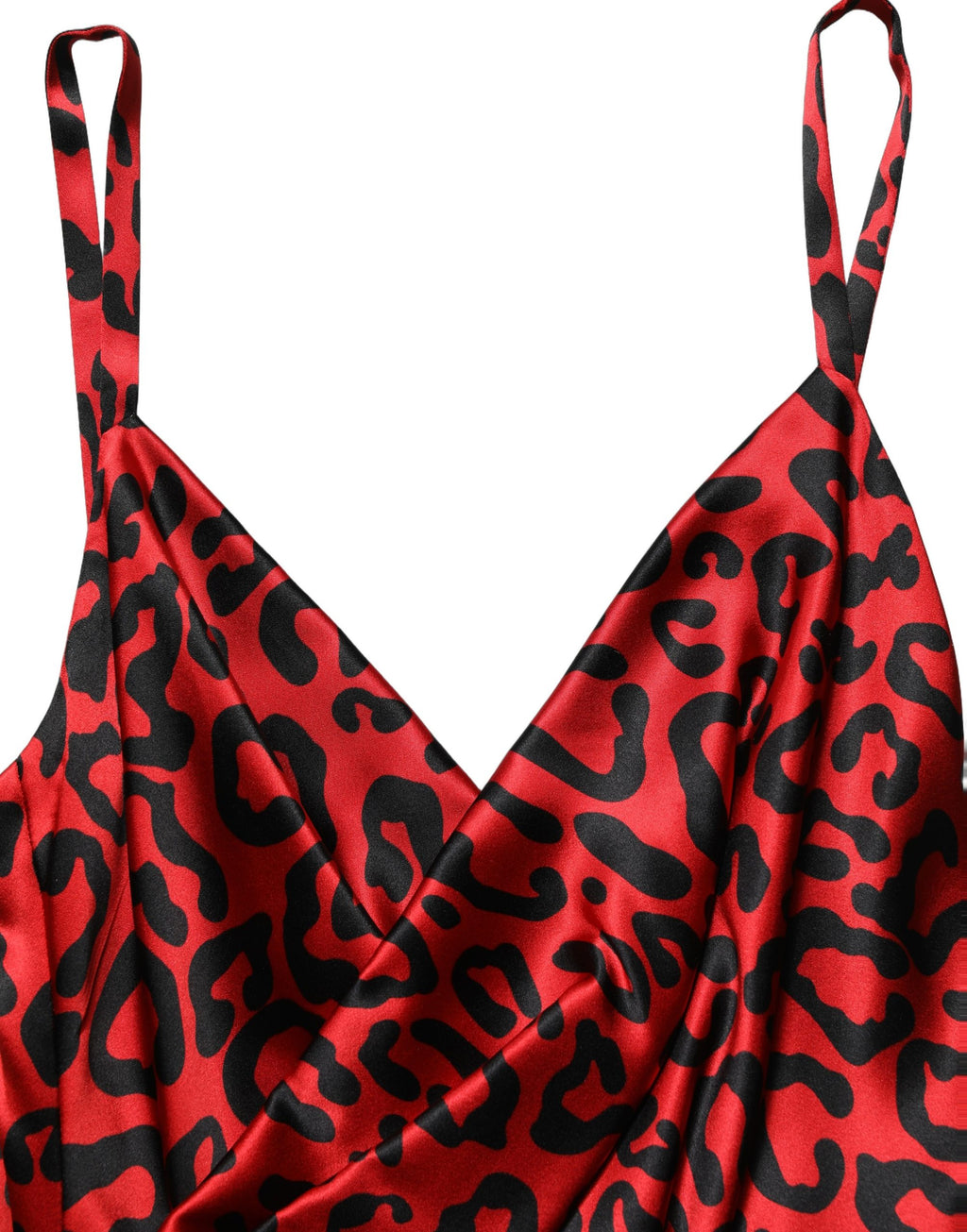 Robe longue sans manches Dolce & Gabbana à motifs léopard rouges et drapés élégants, parfaite pour une allure sophistiquée.