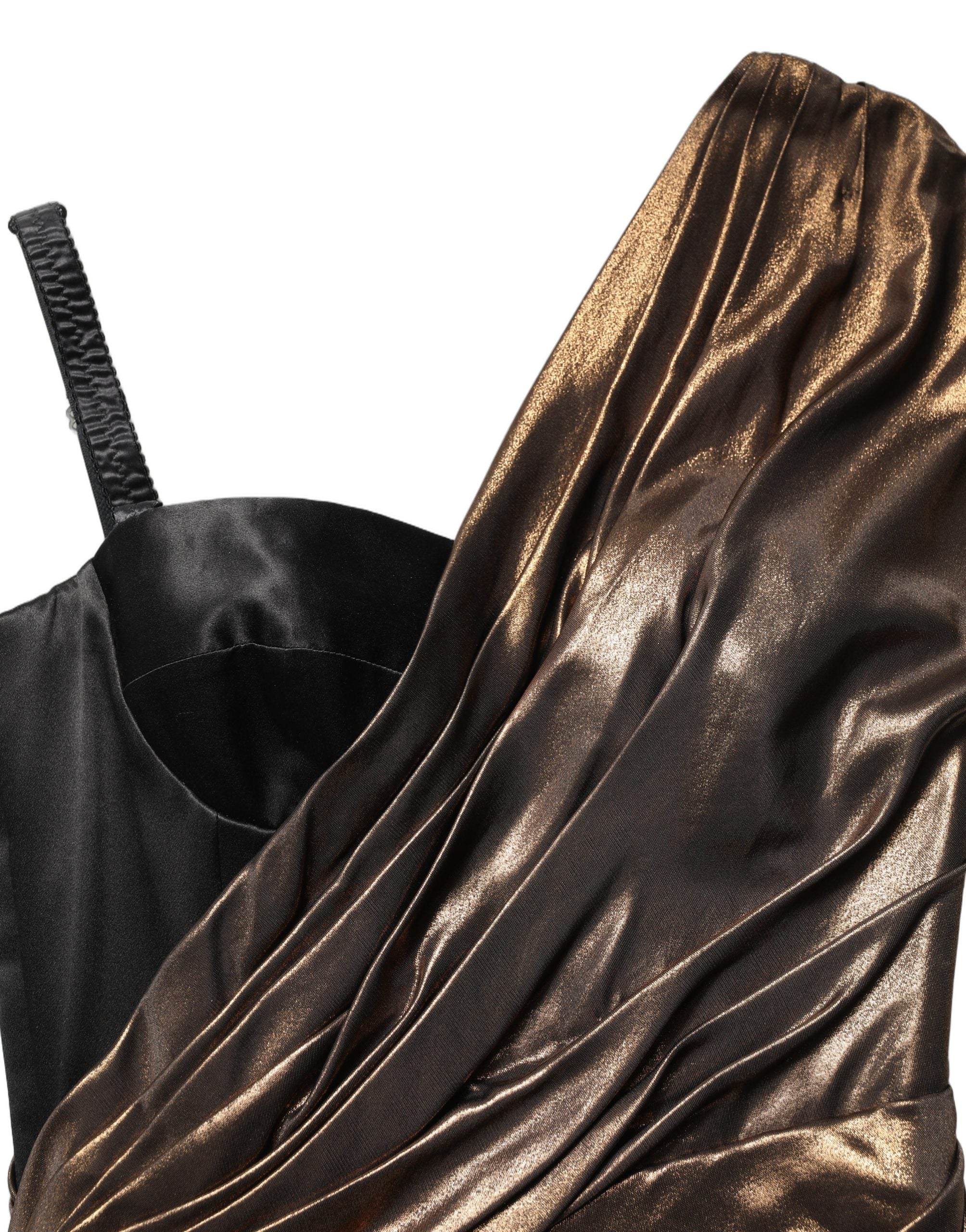 Robe asymétrique bronze Dolce & Gabbana à drapé sur une épaule, élégante et sophistiquée.