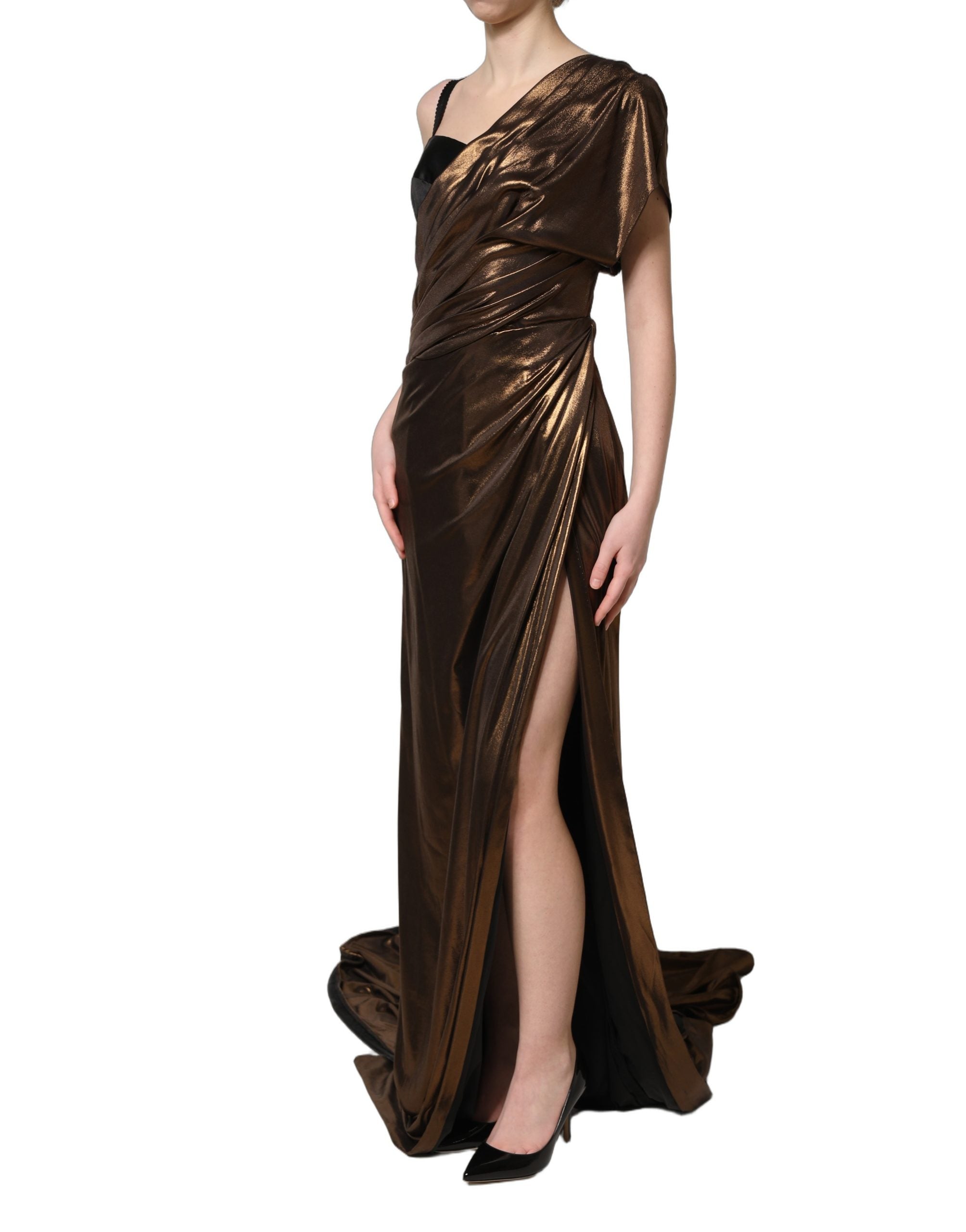 Robe asymétrique Dolce & Gabbana bronze à drapé d'une épaule, élégante et sophistiquée, vue de face.