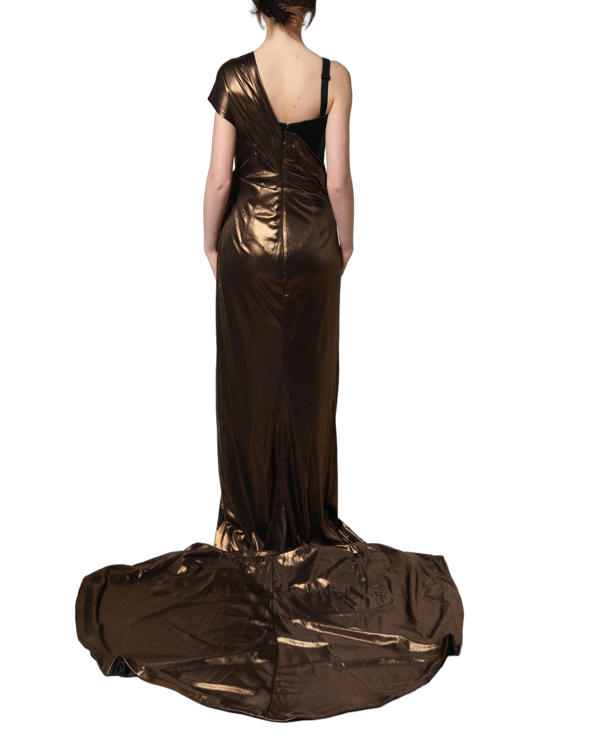 Robe asymétrique en bronze Dolce & Gabbana avec drapé sur une épaule, élégante et sophistiquée.