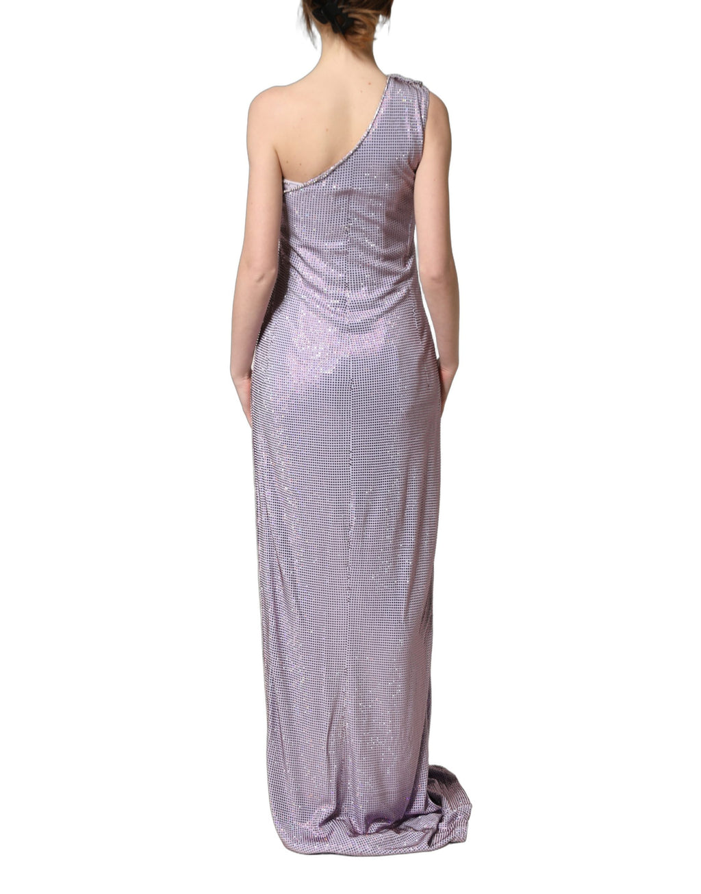 Robe de soirée Dolce & Gabbana violette à épaules dénudées avec cristaux, élégante et sophistiquée.