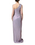 Robe de soirée Dolce & Gabbana violette à épaules dénudées avec cristaux, élégante et sophistiquée.