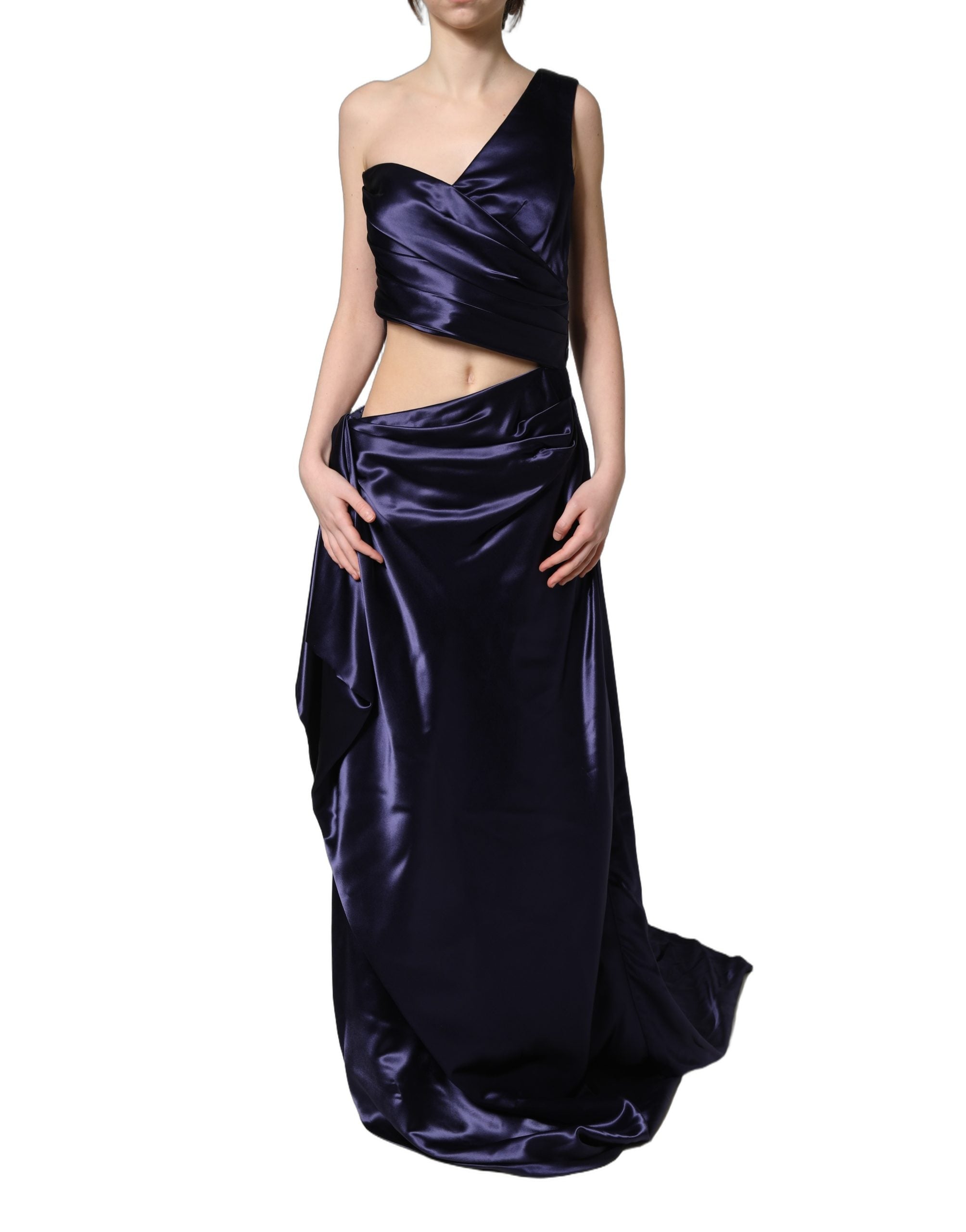 Robe de soirée bleu marine Dolce & Gabbana à une épaule, élégante et fluide, pour occasions spéciales.