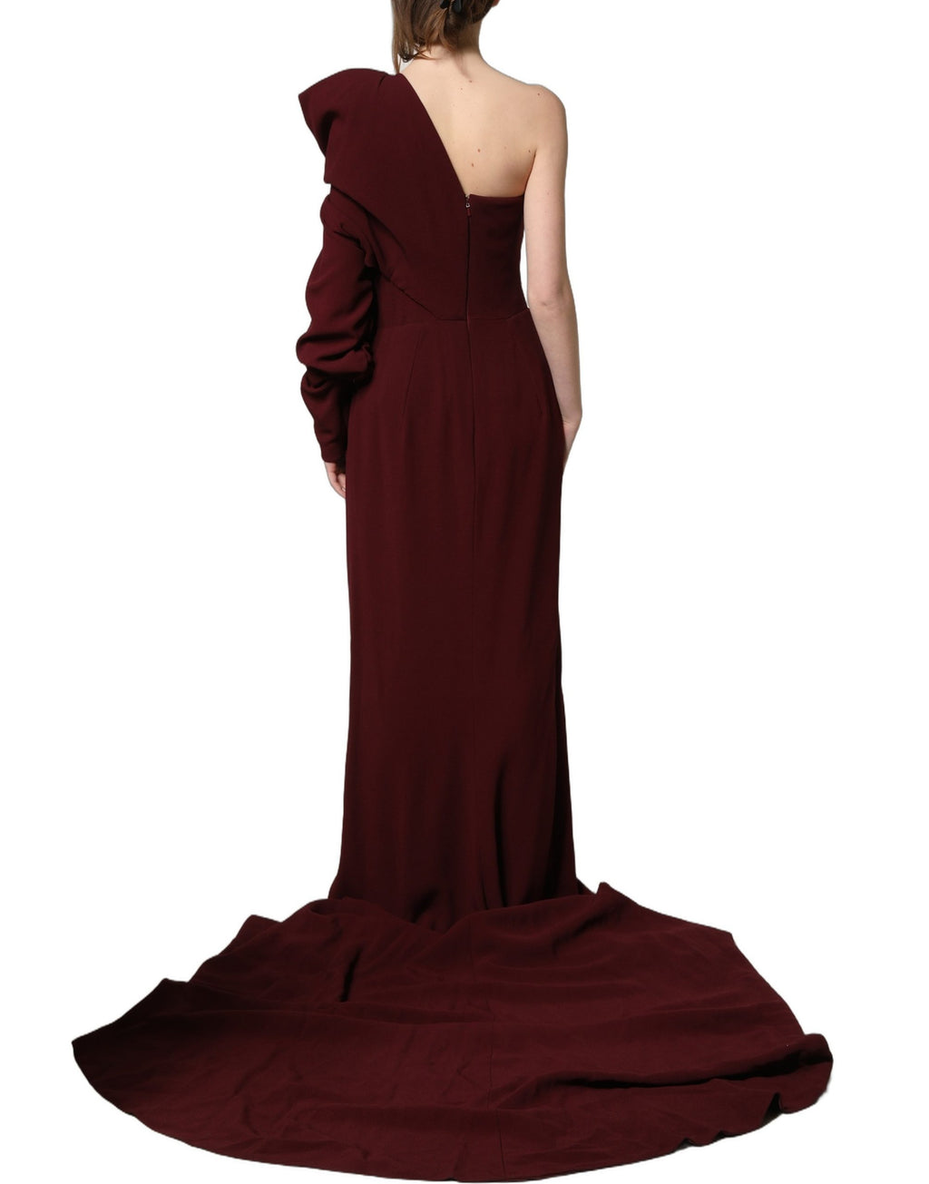 Robe de soirée rouge bordeaux Dolce & Gabbana en cristal, une épaule, élégante et sophistiquée, vue de face.