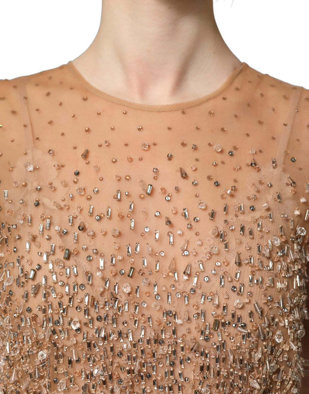 Robe de soirée sirène Dolce & Gabbana marron ornée de cristaux, élégante et brillante, vue de face.