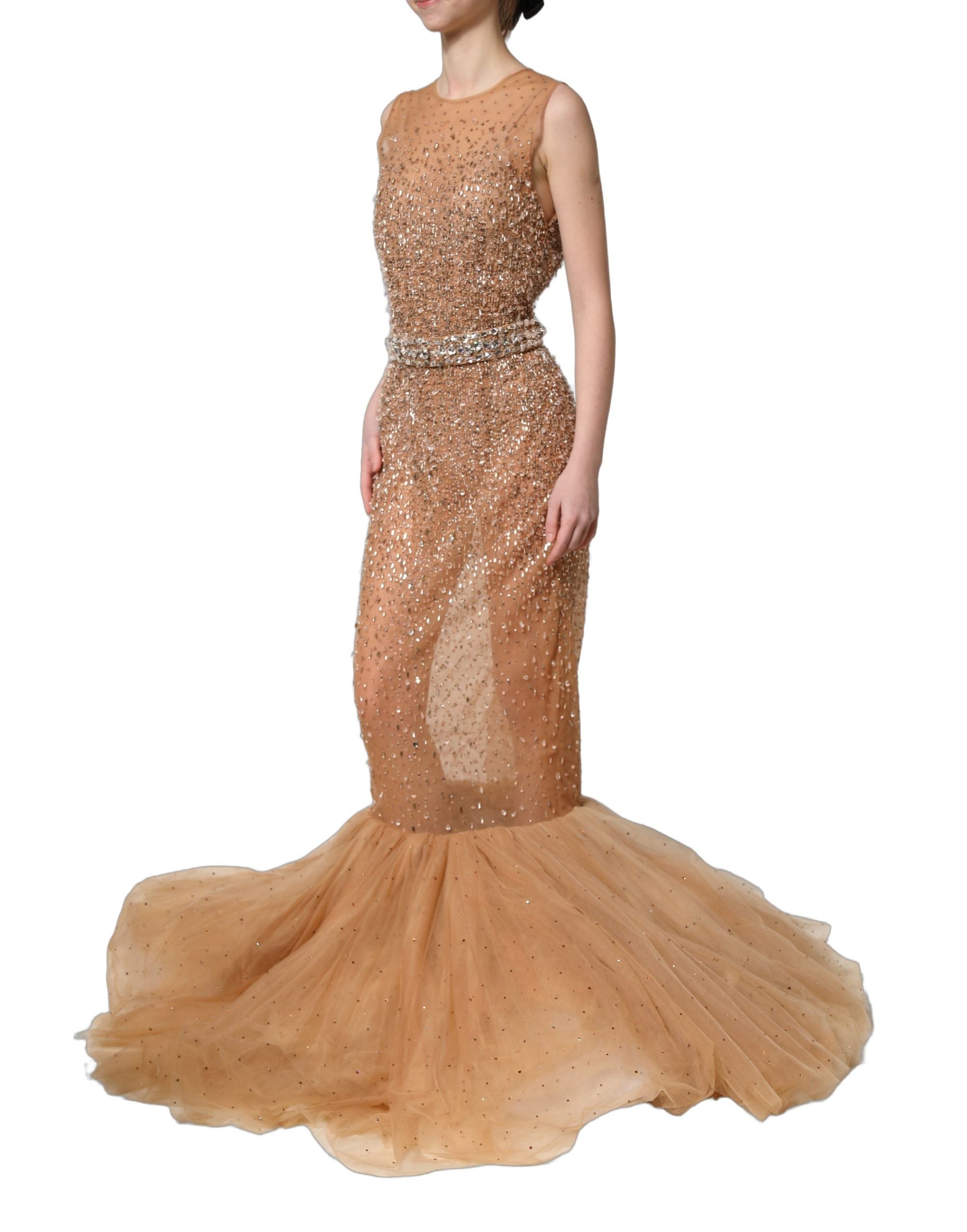 Robe sirène marron Dolce & Gabbana ornée de cristaux brillants, élégante robe de soirée en tissu luxueux.