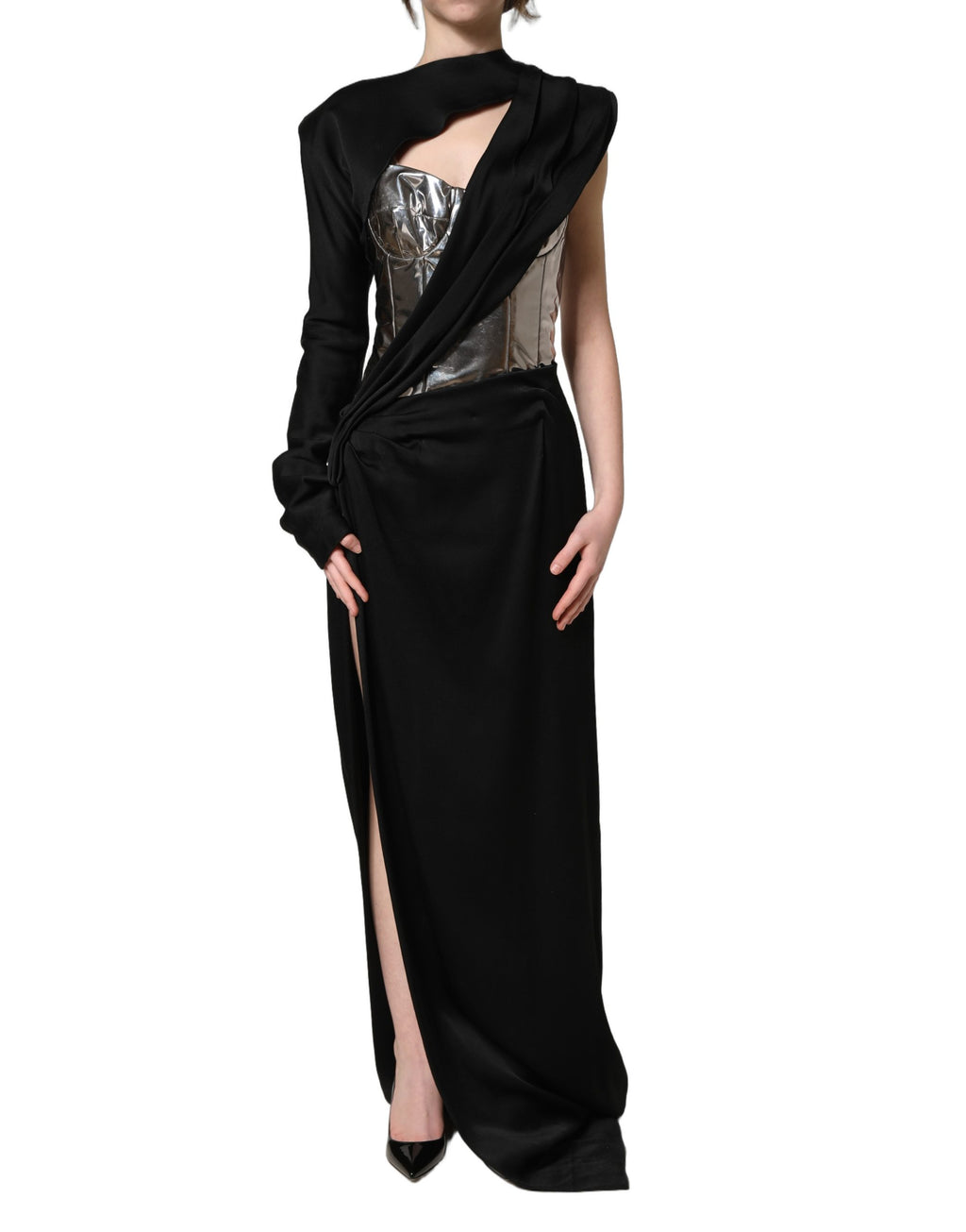 Robe cocktail noire et argentée Dolce & Gabbana à une épaule, élégante et sophistiquée, vue de face.