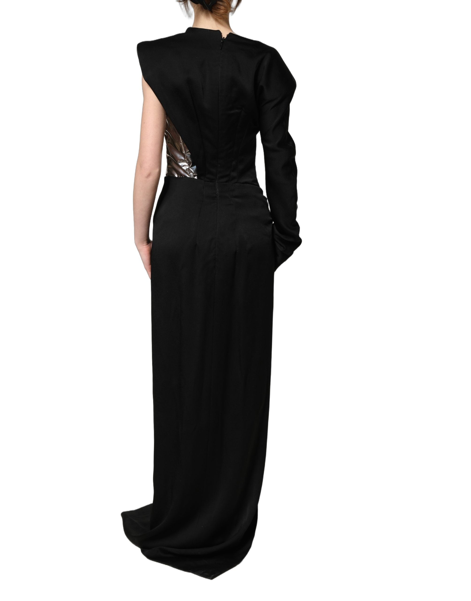Robe de cocktail noire et argentée Dolce & Gabbana à une épaule, tissu élégant et détails sophistiqués, vue de face.