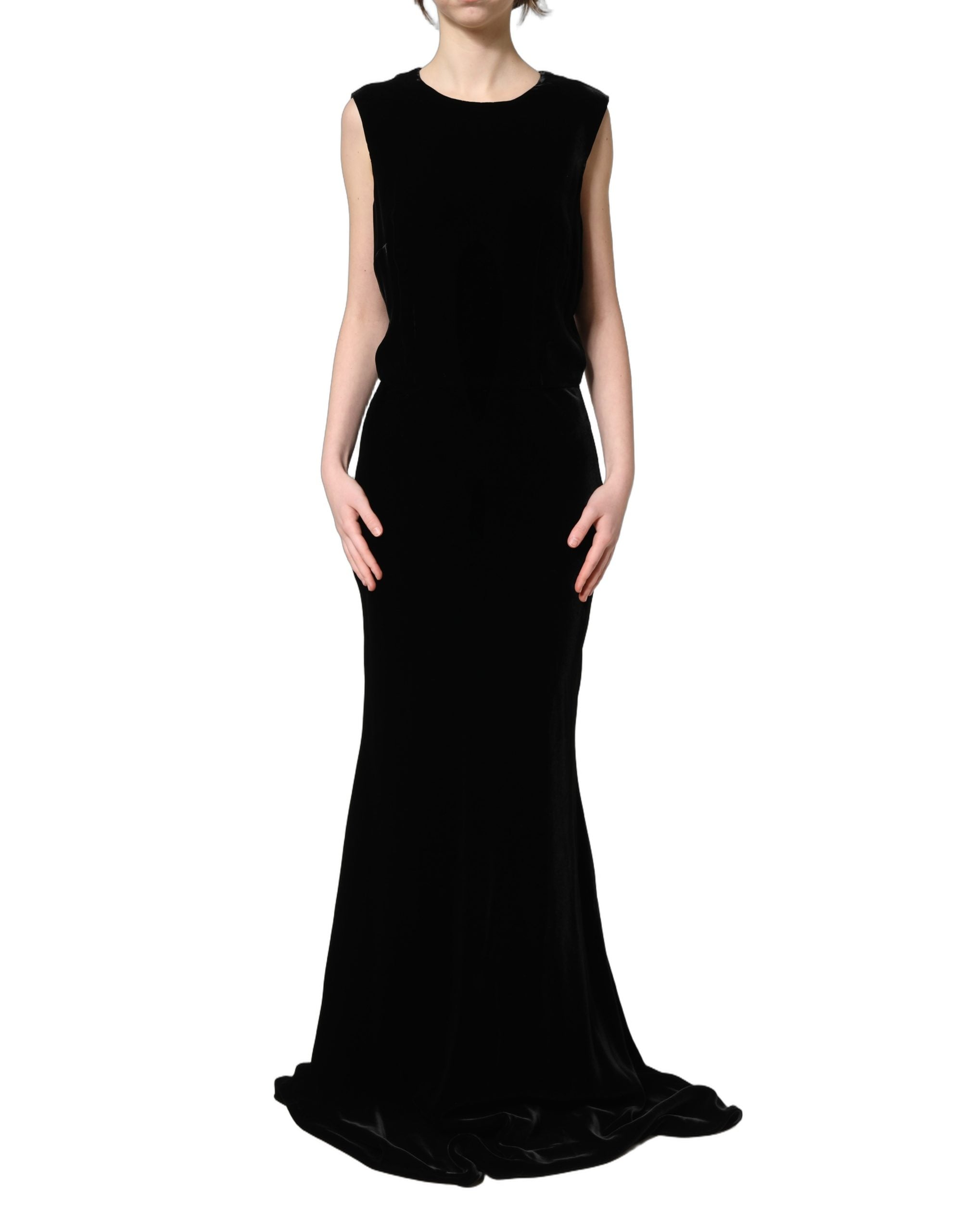 Robe longue en viscose et velours noir de Dolce & Gabbana, silhouette élégante et détails sophistiqués.