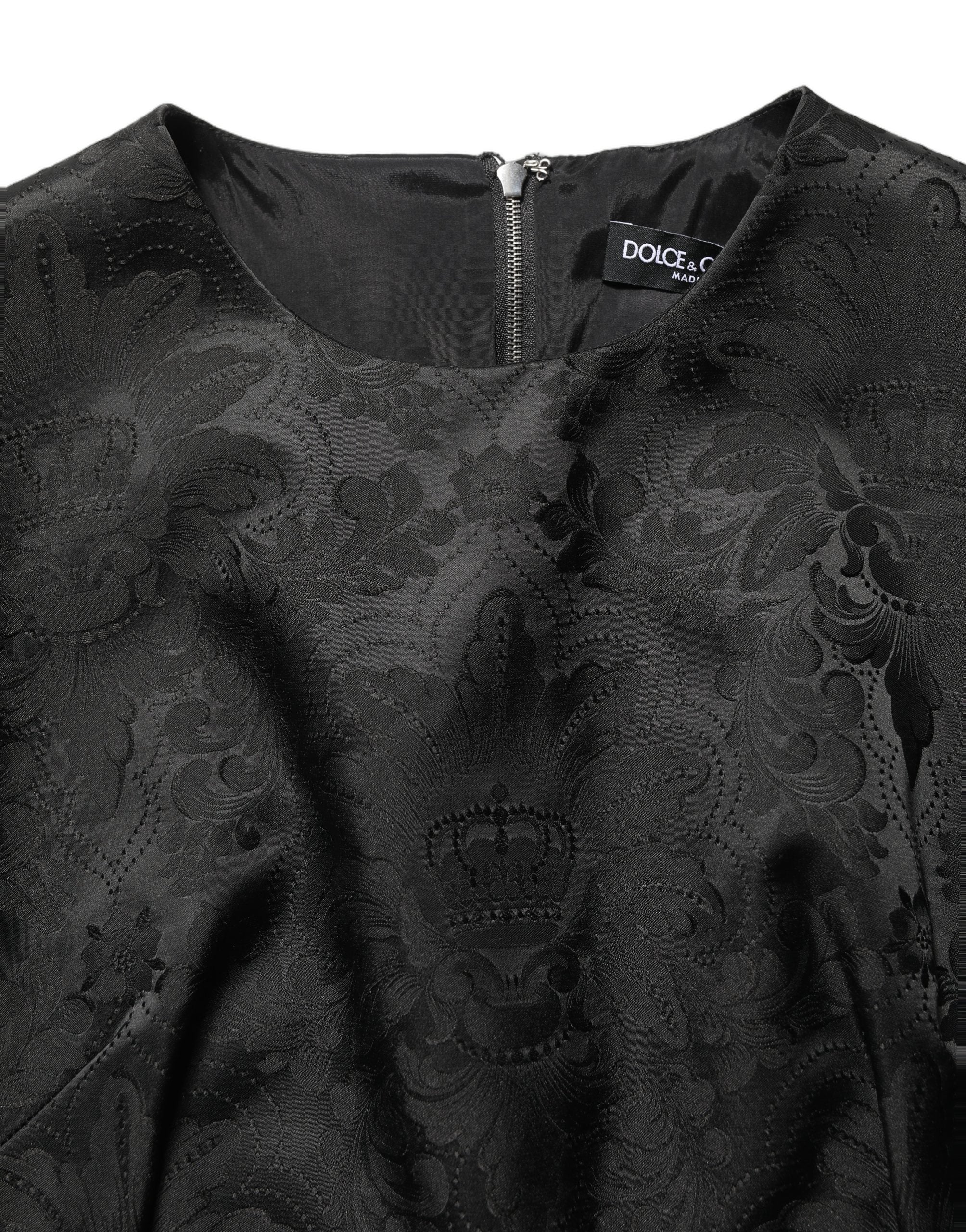 Robe sans manches Dolce & Gabbana en jacquard floral noir, coupe en ligne A élégante et raffinée.