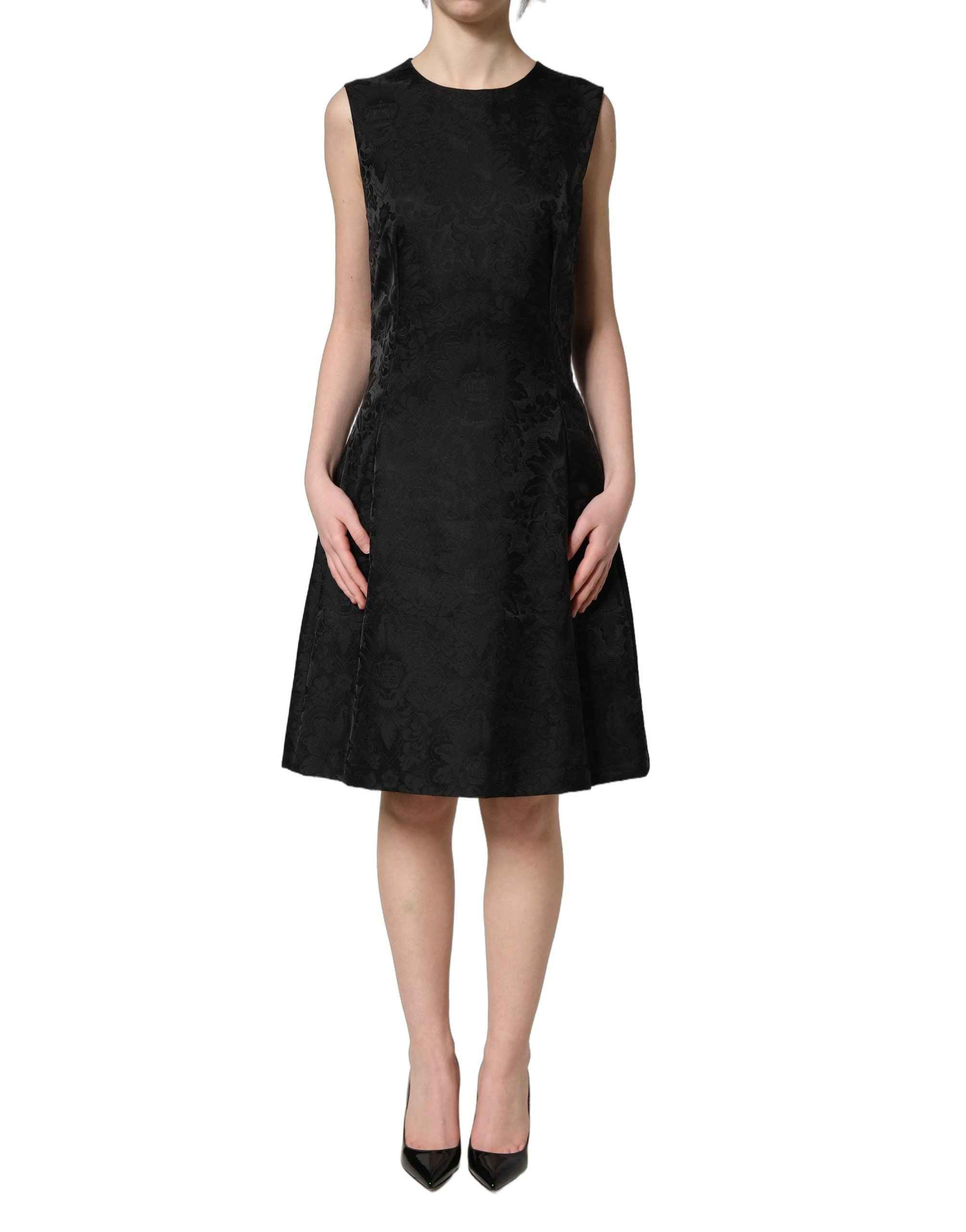 Robe sans manches Dolce & Gabbana en jacquard floral noir avec coupe en A, élégante et sophistiquée.