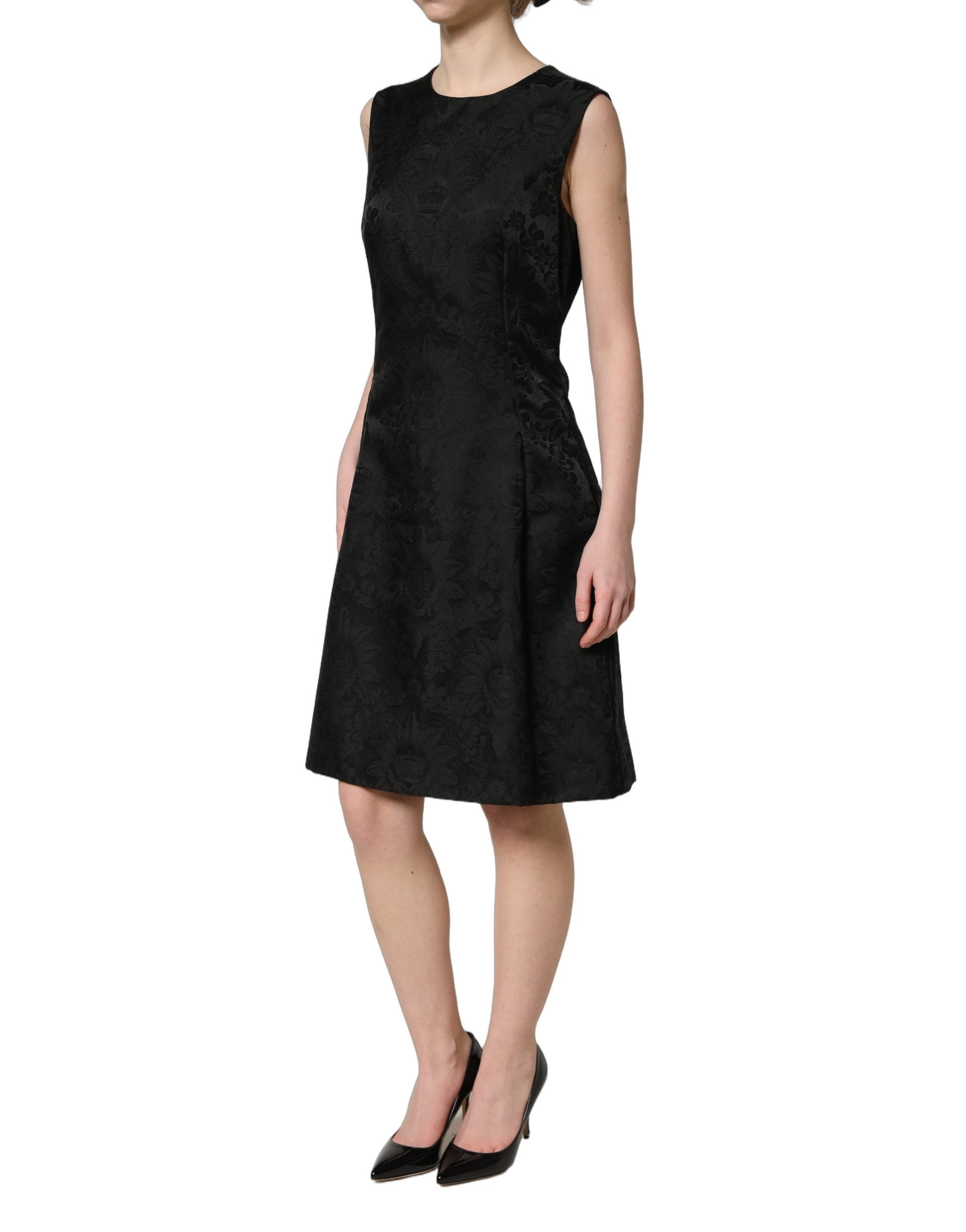 Robe sans manches Dolce & Gabbana en jacquard floral noir avec coupe en ligne A, élégante et sophistiquée.