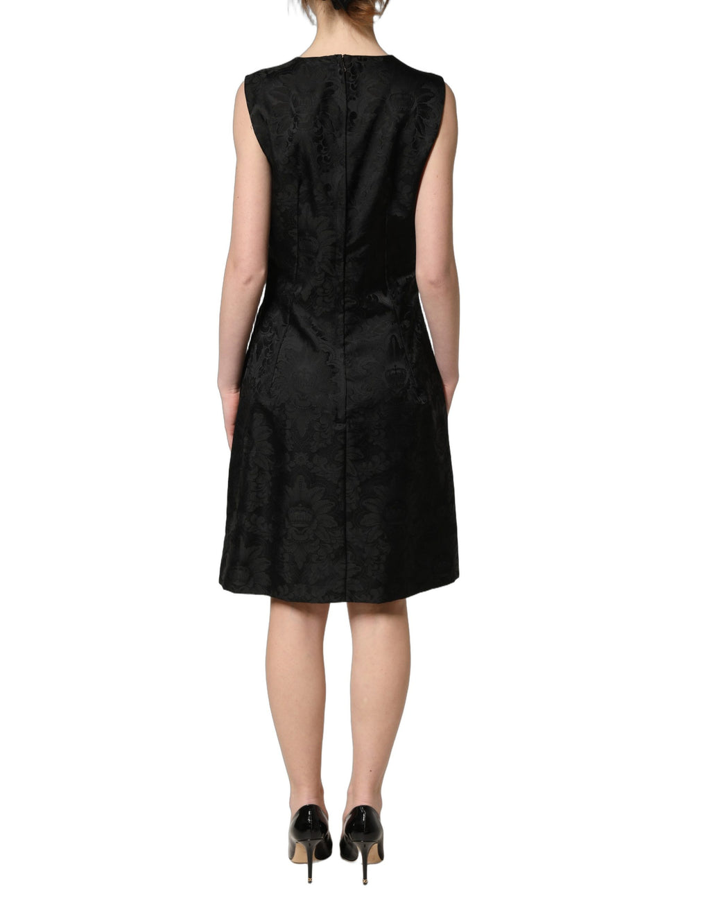 Robe sans manches Dolce & Gabbana en jacquard noir à motifs floraux, coupe en A élégante et sophistiquée.