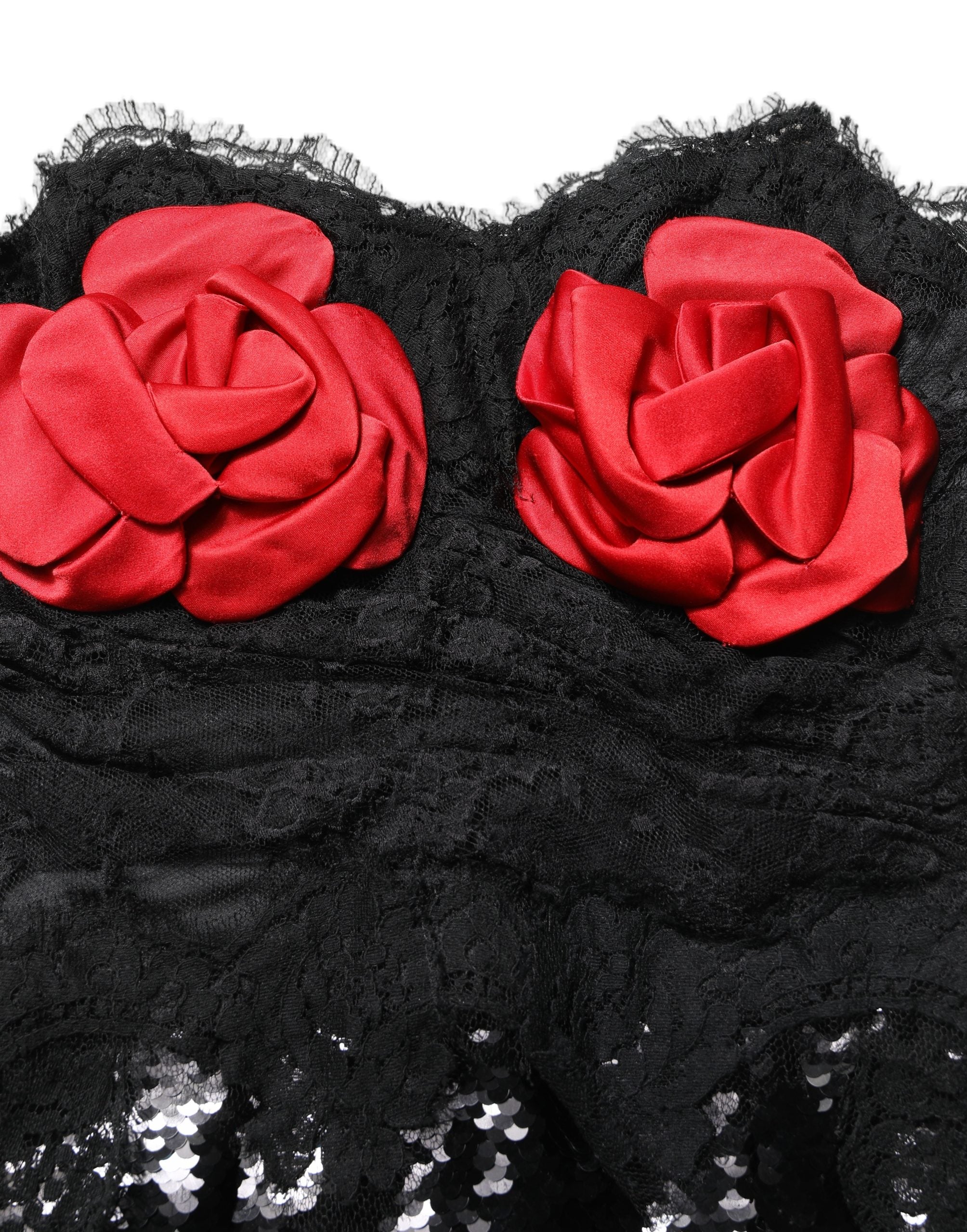 Robe midi noire strapless Dolce & Gabbana avec sequins rouges et motif de rose, élégante et sophistiquée.