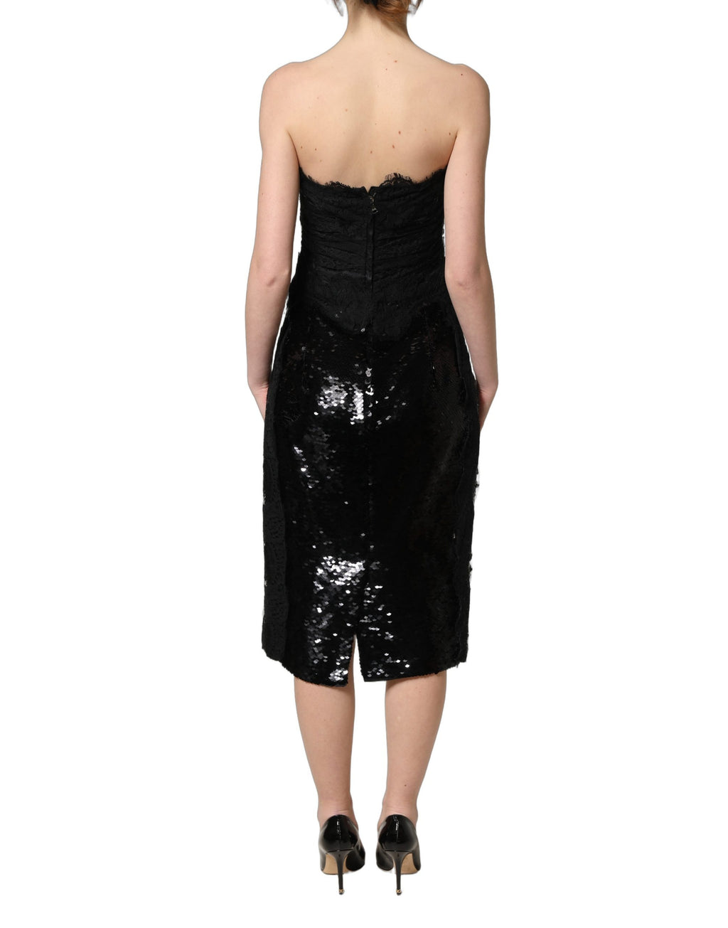 Robe midi noire sans bretelles Dolce & Gabbana avec sequins rouges en forme de roses, élégante et sophistiquée.