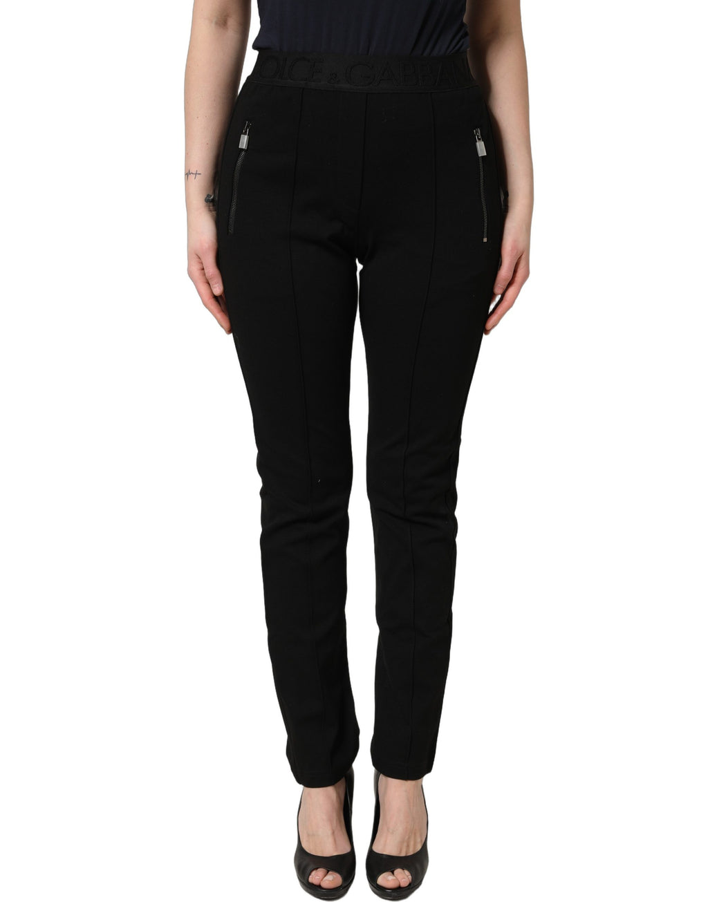 Pantalon skinny noir en viscose à taille moyenne de Dolce & Gabbana, coupe ajustée et élégante.