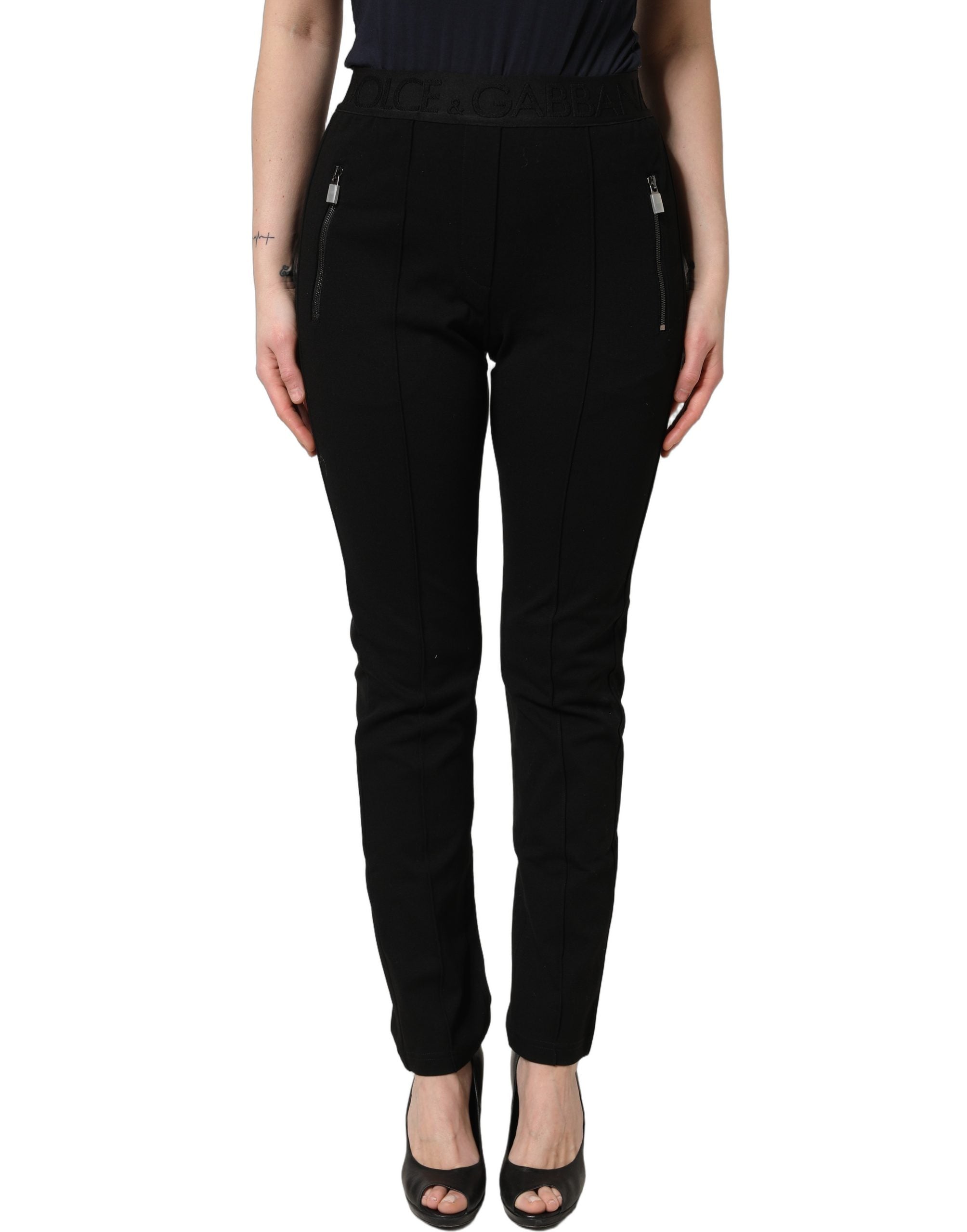 Pantalon skinny noir en viscose à taille moyenne de Dolce & Gabbana, coupe ajustée et élégante.