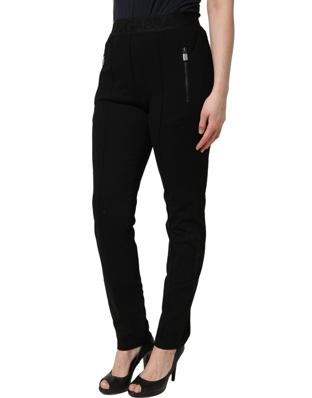 Pantalon skinny noir en viscose à taille moyenne de Dolce & Gabbana, vue de face.