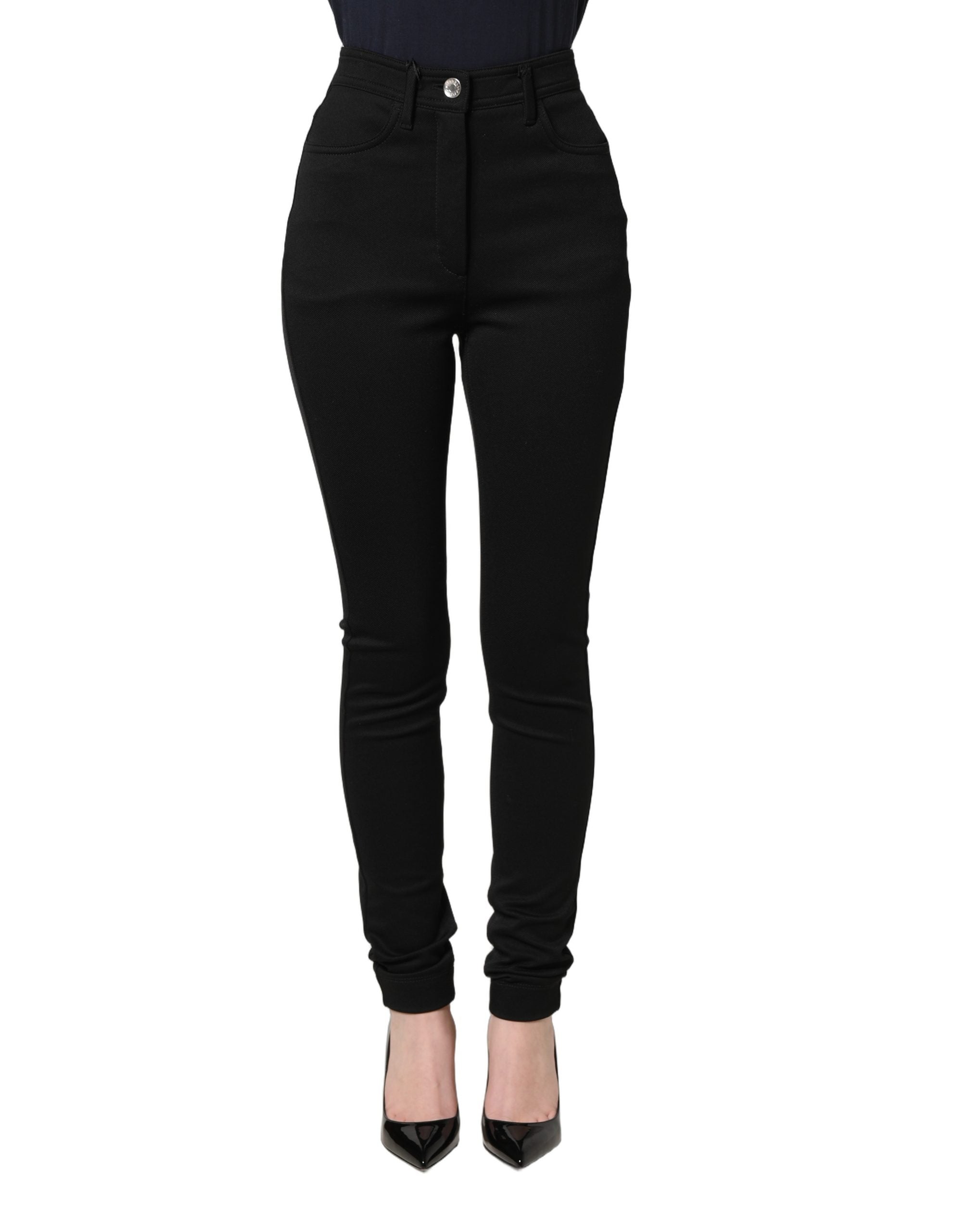 Pantalon skinny noir en nylon extensible à taille haute de Dolce & Gabbana, vue de face.