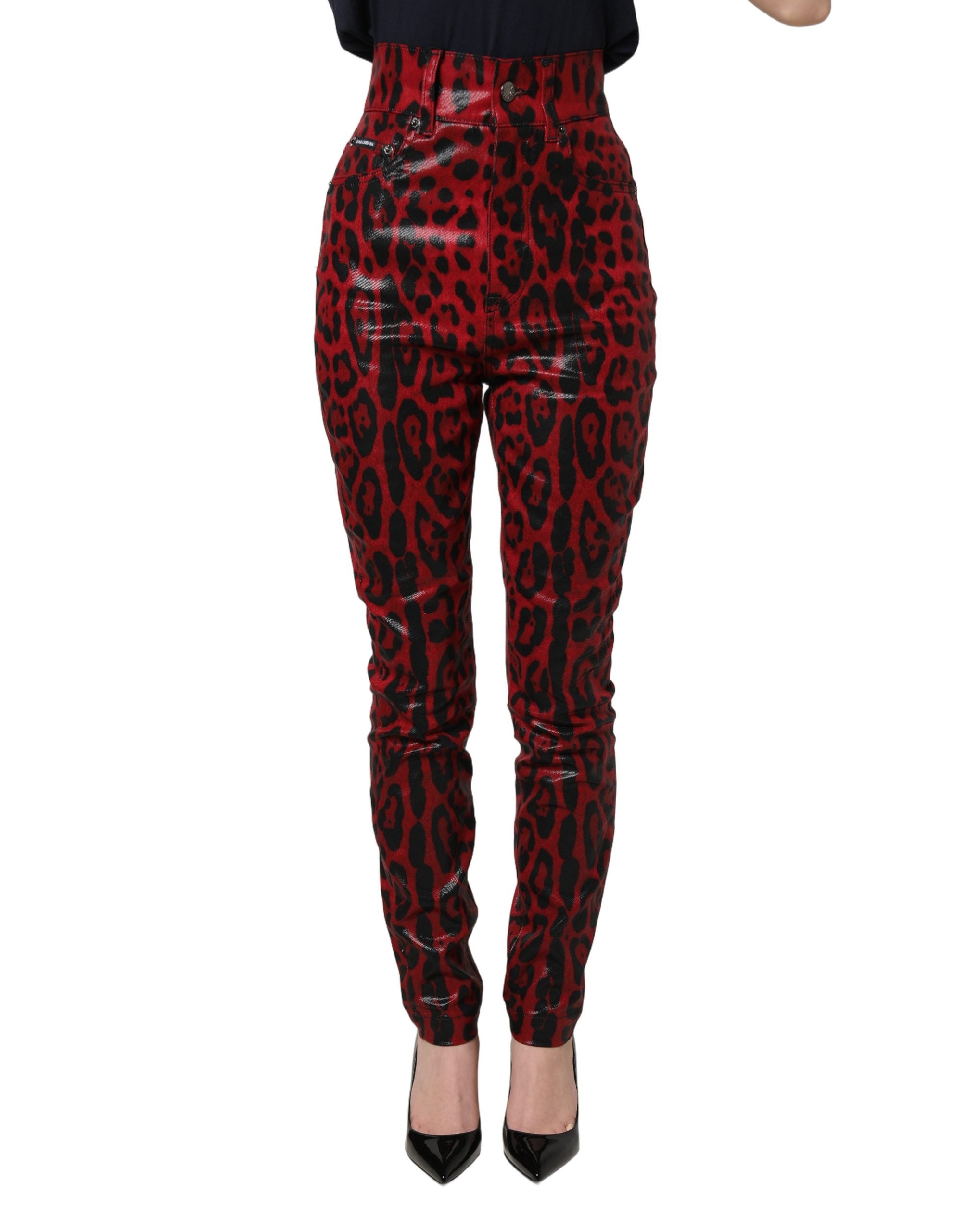 Jeans Dolce & Gabbana skinny rouge à motif léopard à taille haute en denim, vue de face.
