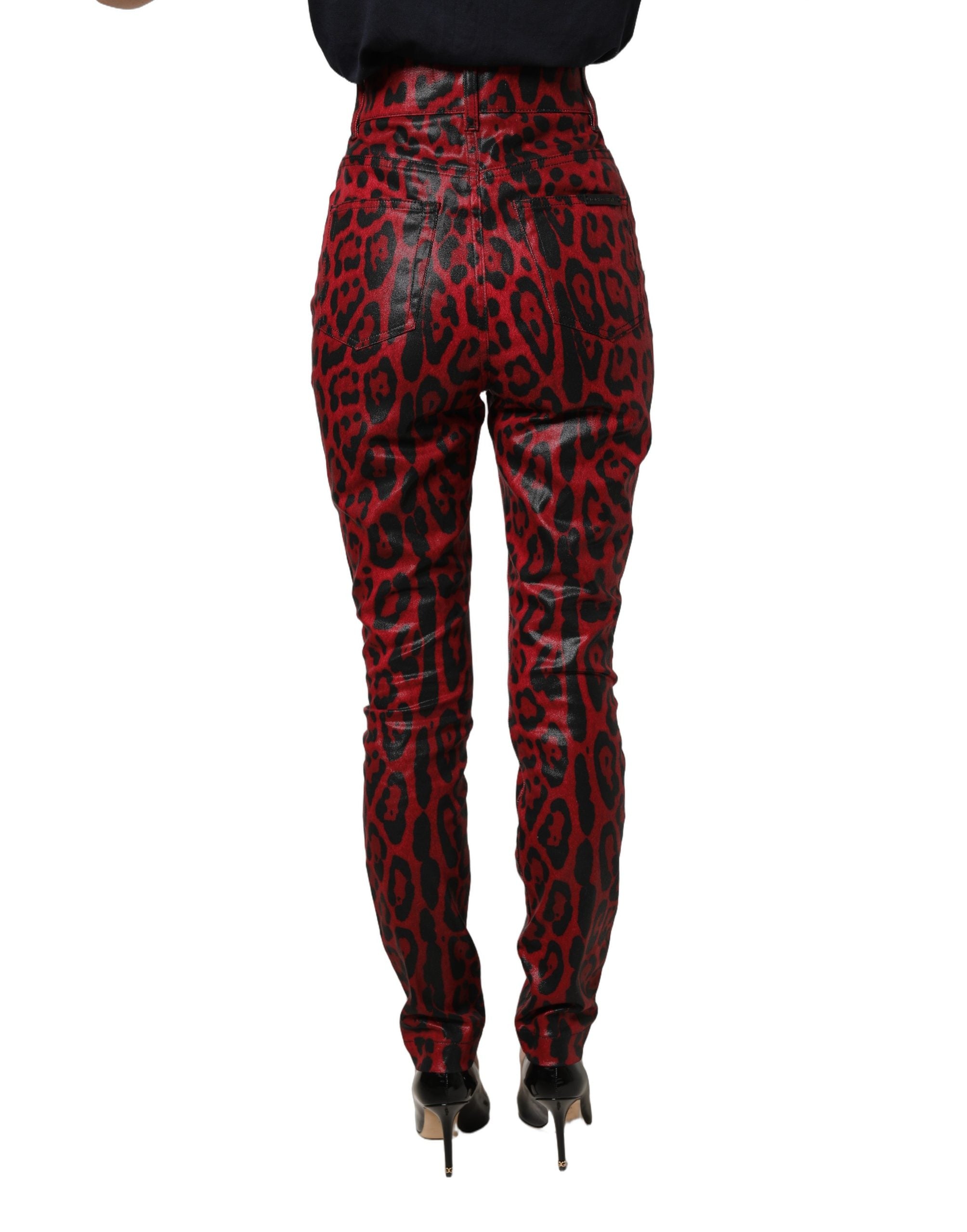 Jeans skinny rouges à imprimé léopard Dolce & Gabbana, taille haute en denim.