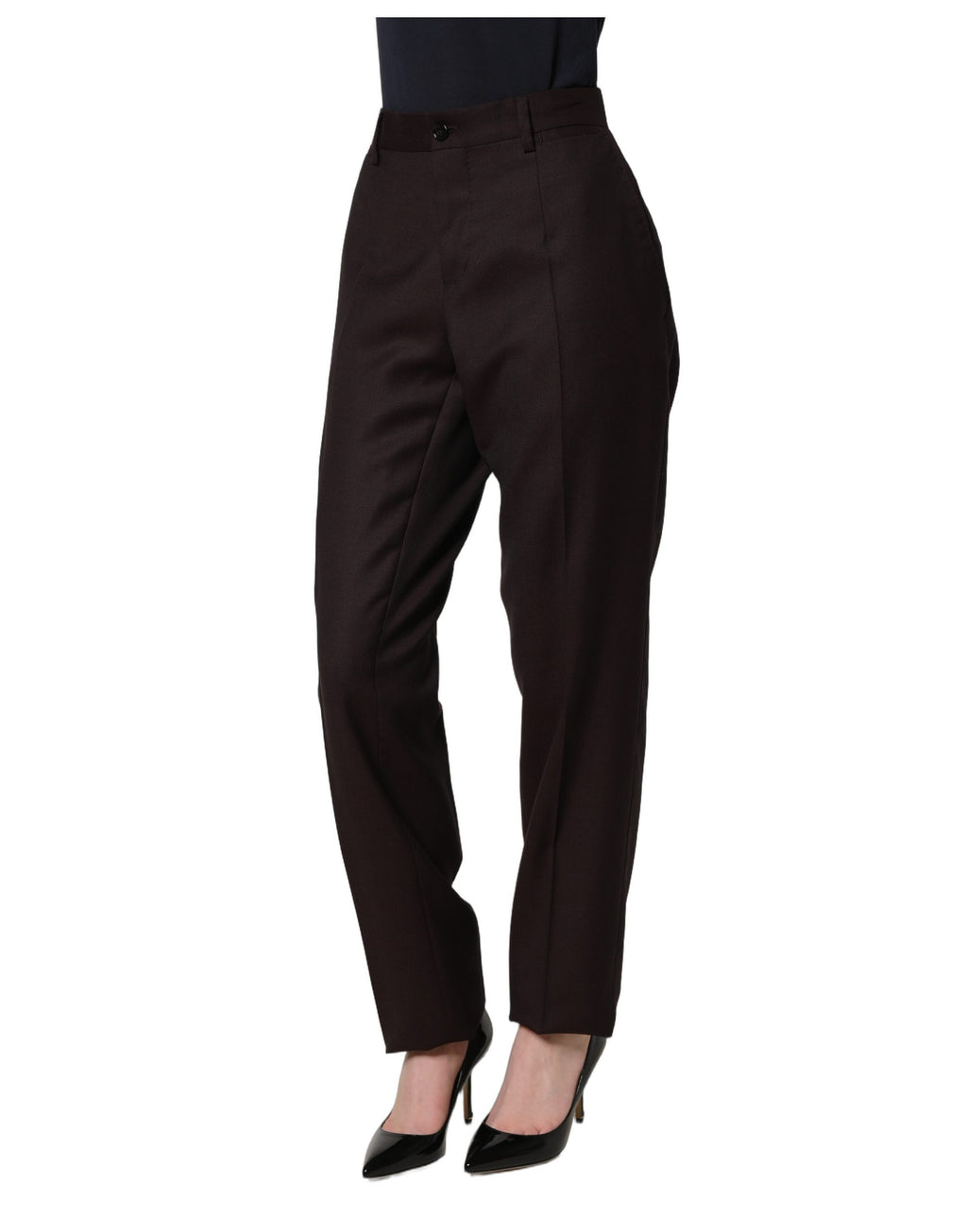 Pantalon femme Dolce & Gabbana en soie marron à jambes droites, style pantalon habillé élégant et sophistiqué.