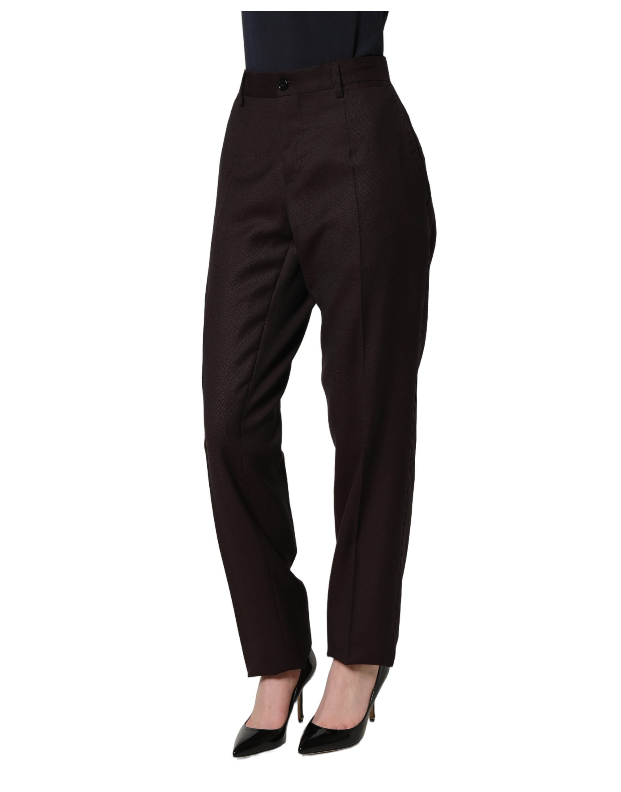 Pantalon femme Dolce & Gabbana en soie marron à jambes droites, style pantalon habillé élégant et sophistiqué.