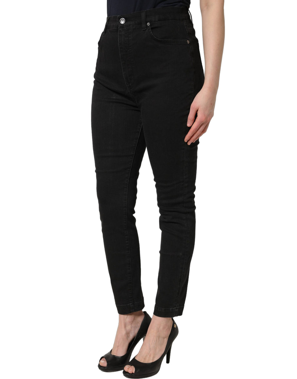 Jeans skinny noirs en coton à taille haute de Dolce & Gabbana, coupe ajustée et détails modernes.