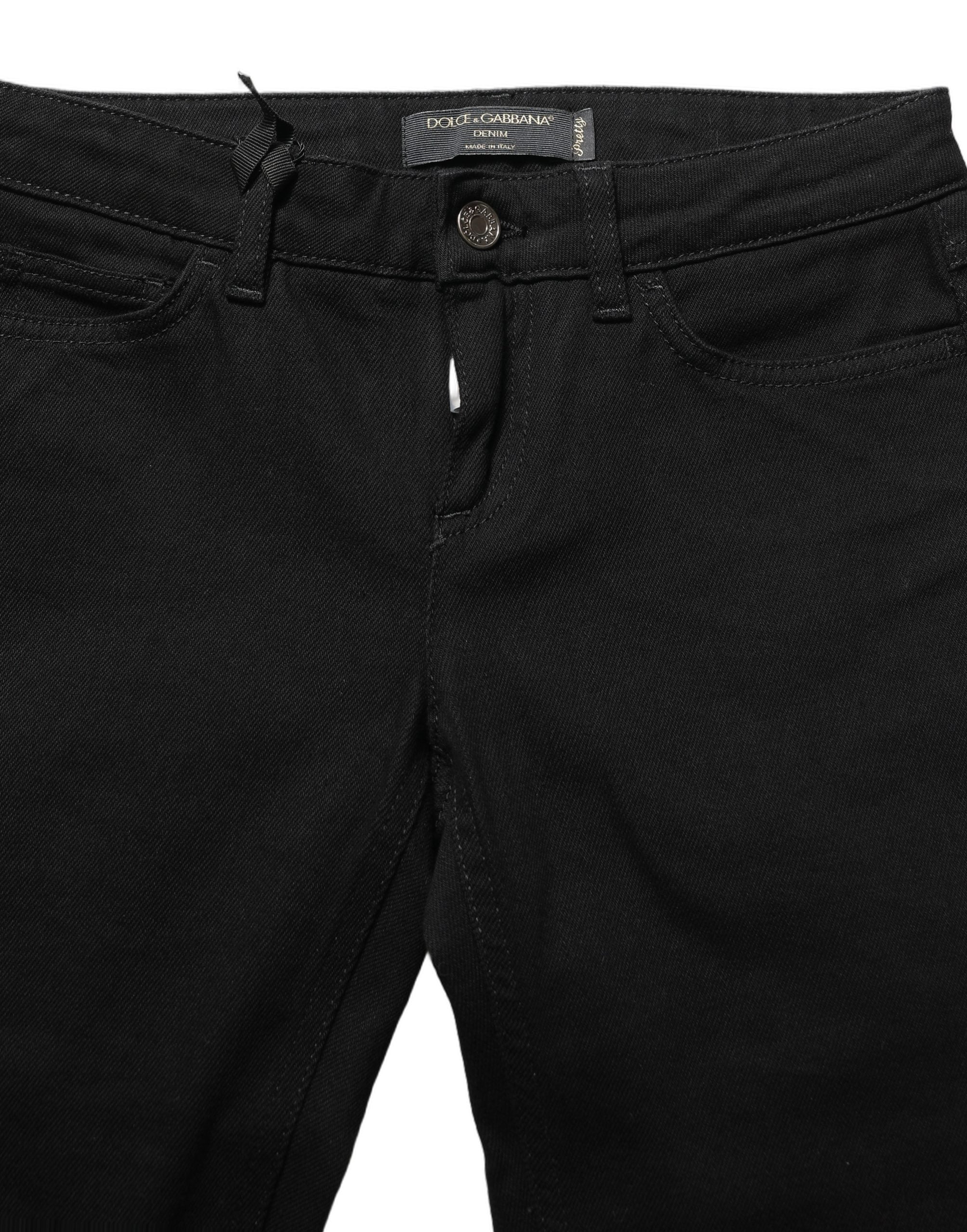 Jeans en denim noir Dolce & Gabbana Queen Embroidery avec broderies élégantes, style chic et tendance.