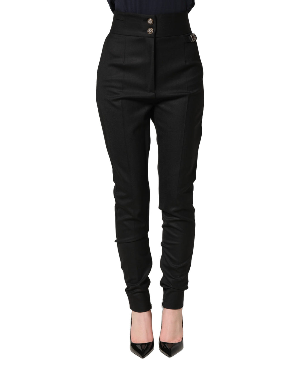 Pantalon noir en laine Dolce & Gabbana à taille haute avec logo, élégant et tendance, visible avec coupe ajustée.