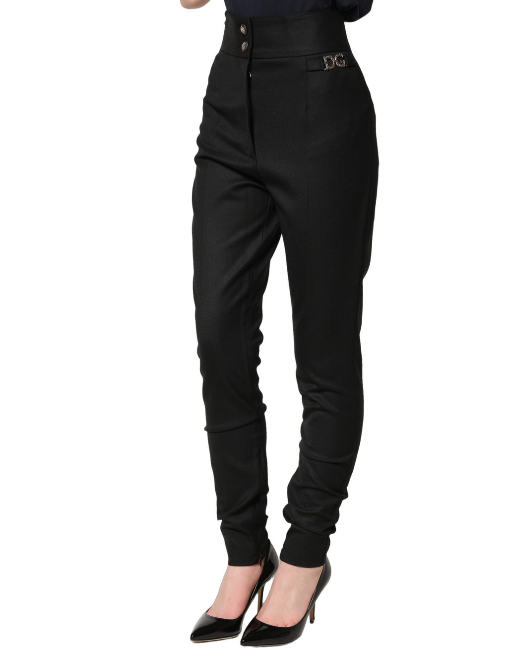 Pantalon noir en laine à taille haute Dolce & Gabbana avec logo visible, élégant et sophistiqué.