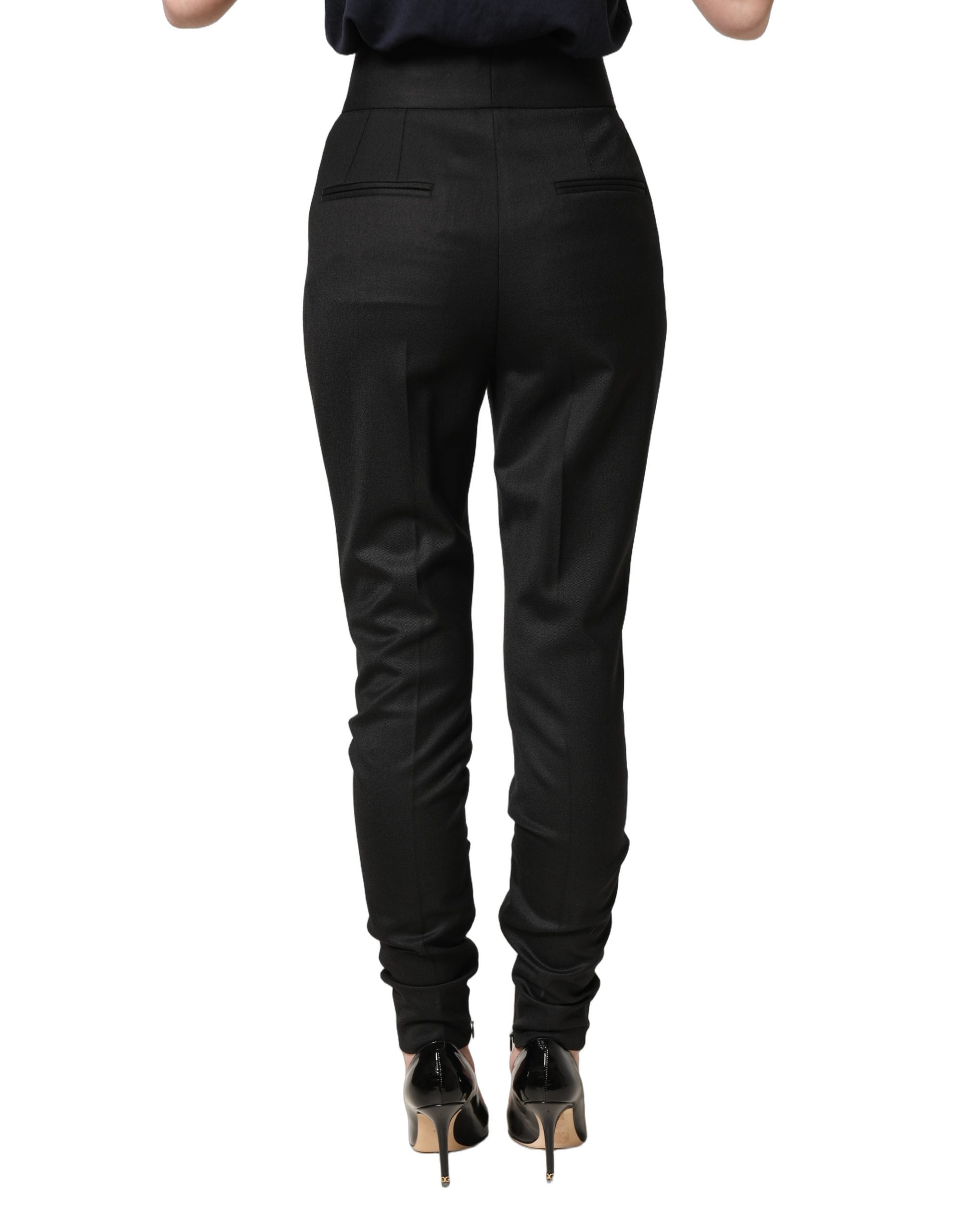 Pantalon en laine noire haute taille Dolce & Gabbana avec logo, mode élégante et sophistiquée.