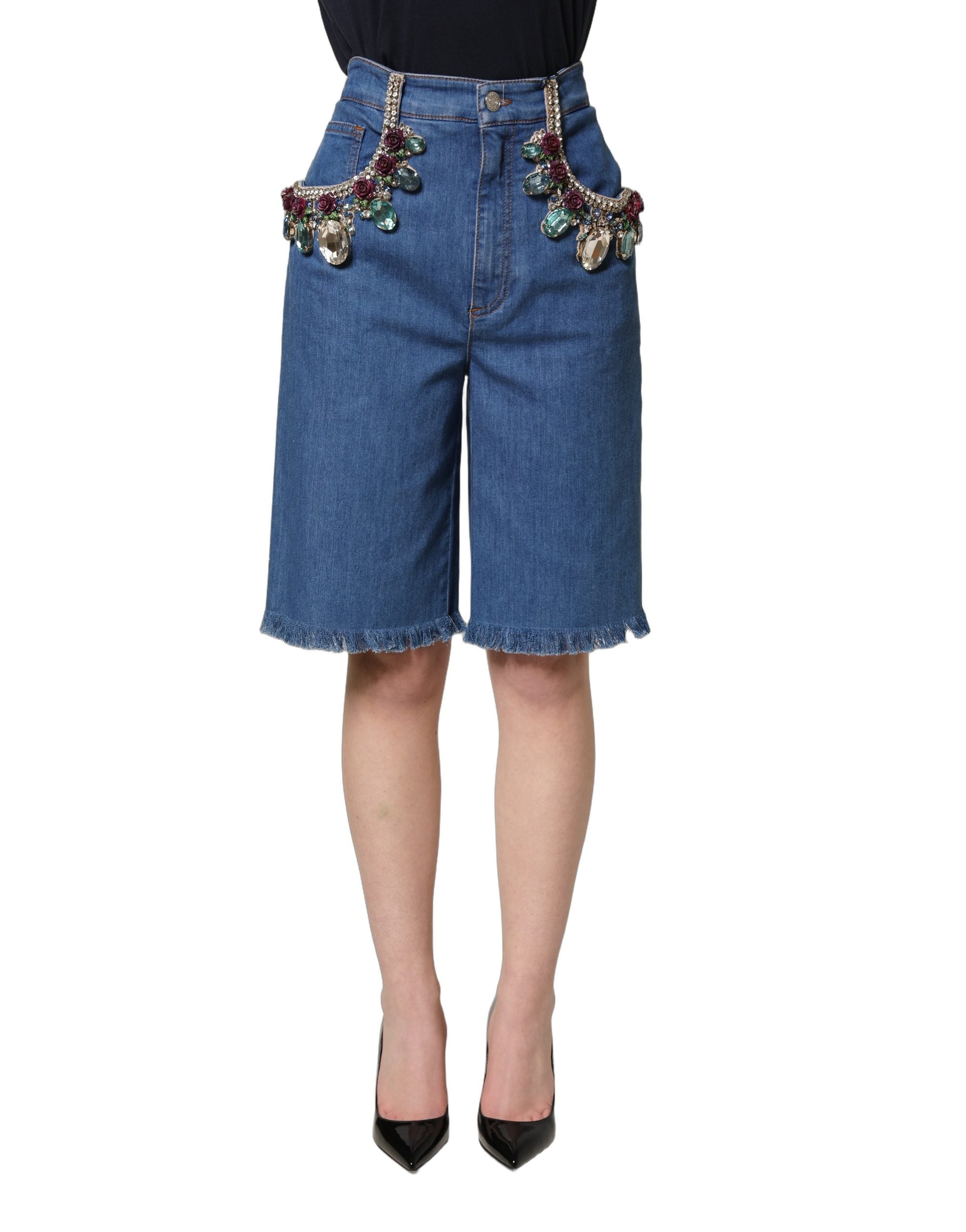 Shorts bermuda en denim bleu Dolce & Gabbana en coton avec embellissements visibles, style décontracté et élégant.